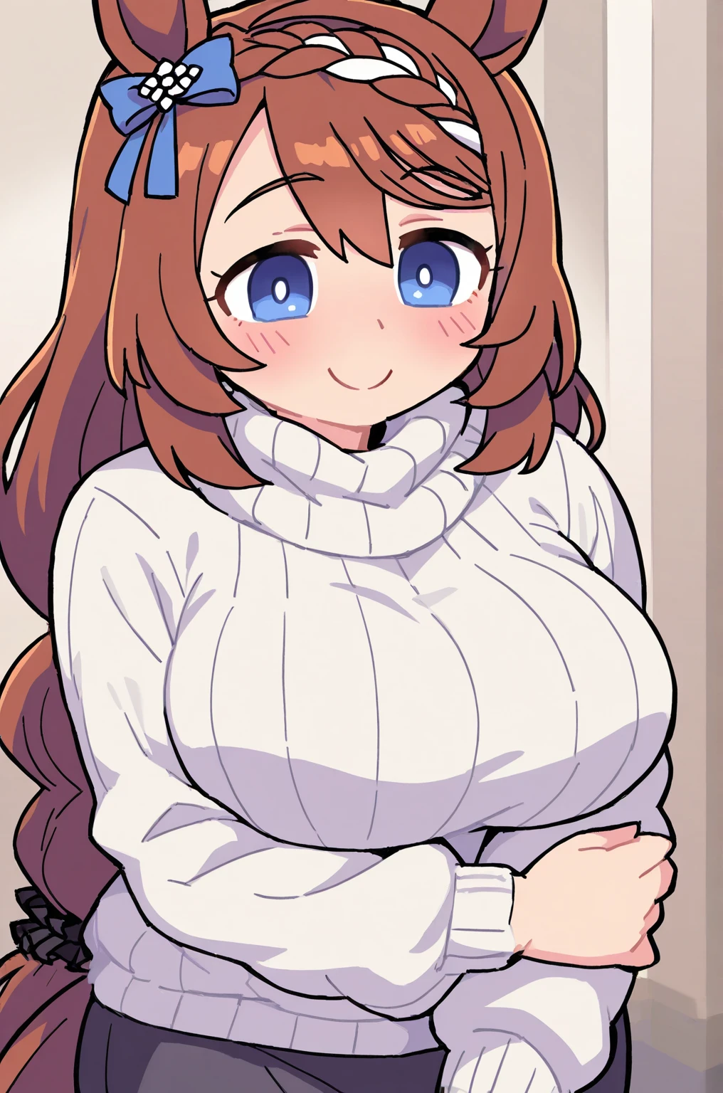 <lora:Girlfriendfnf-10:0.8> 1girl, solo, long hair, breasts, looking at viewer, blush, smile, large breasts, brown hair, long sleeves, cleavage, sitting, heart, thighs, red hair, black eyes, sweater, clothing cutout, :3, turtleneck, thick thighs, cleavage cutout, crossed legs, ribbed sweater, outline, meme attire, white outline, open-chest sweater