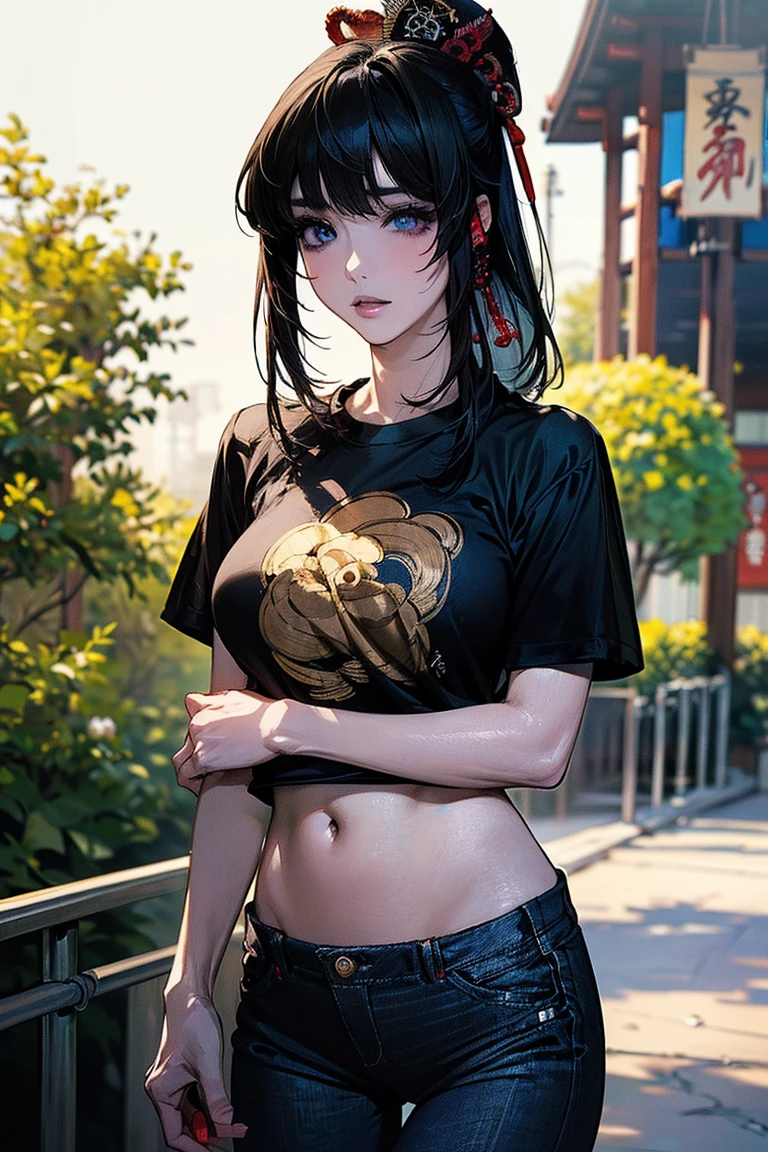 ,、,one girl, dark brown hair, long hair(pony tail tied into blue ribbon), long bangs, red eyes, beautiful eyes, perfect body, thick thighs,perfect hands,white t-shirt, bluelong raglan sleeves, red shorts (denim texture),shy pose, in abandoned forest,abandoned greek columns, ruins, autumn,sunset