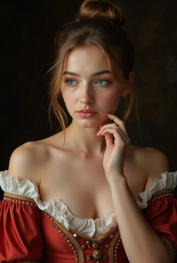 A young woman in the prime of her beauty, her visage suffused with the timeless allure of a Renaissance muse. She stands confidently in a darkened chamber, the dramatic chiaroscuro lighting casting deep shadows that dance across her bare, alabaster skin. Her golden hair is meticulously woven into an elegant French braid that cascades down her back, while a vibrant bollenhut, a traditional German headdress, sits atop her head, adorned with intricate floral embroidery. Her eyes sparkle with mischief as she winks with one cerulean eye, the other hidden beneath a playful sweep of long lashes. A crimson smear of lipstick graces her full, inviting lips, matching the rich tones of the dirndl that wraps snugly around her waist, revealing her all-natural, unblemished breasts that rest gently against the fabric. The garment's folds and patterns are rendered with such hyper-detail that each thread seems to leap from the canvas, a testament to the artist's mastery. The background is a velvety black, allowing her radiant features and the crimson accents of her outfit to pop with vibrancy. The 8k resolution captures every nuance of her form, from the soft curve of her neck to the delicate arch of her foot, while the HDR enhances the depth and realism of the scene. This full-body portrait is a modern reimagining of classical art, suffused with a sense of eroticism that whispers of the painter's admiration for the female form. Her posture and expression are coy yet assertive, beckoning the viewer to join in her silent flirtation. The photorealistic style blurs the line between reality and art, ensnaring the gaze and inviting contemplation of the timeless beauty and seductive power that she embodies.
