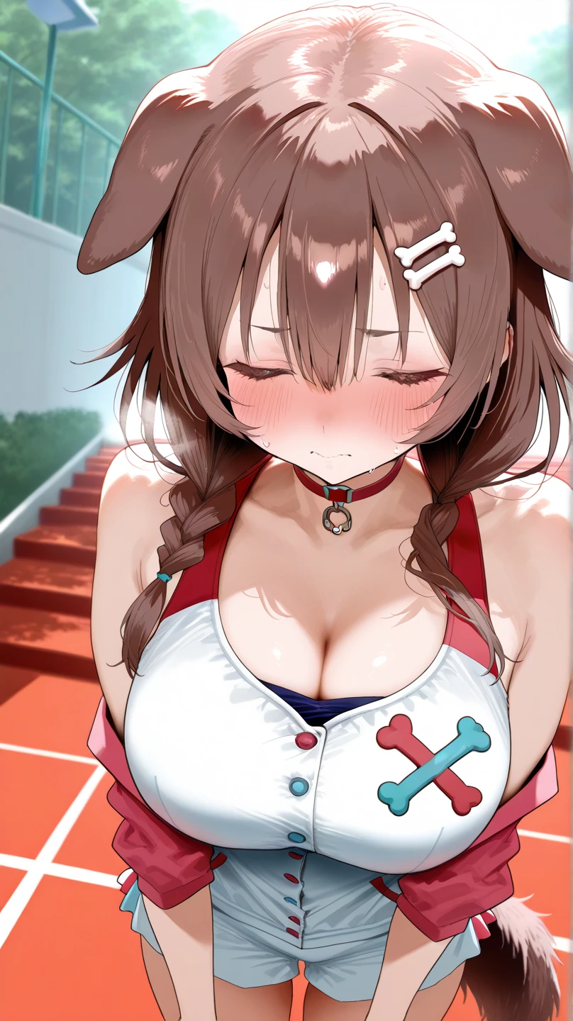 masterpiece, best quality, very aesthetic, absurdres, 1girl, mature_lady, ,1girl, angelina \(summer flower\) \(arknights\), arknights, animal ears, official alternate costume, swimsuit, twintails, one-piece swimsuit, fox ears, brown hair, casual one-piece swimsuit, long hair, red one-piece swimsuit,waby mouth, :3,1girl,upper body,Condom in mouth, double V gesture,blush,tears in eyes,embarrassed,Nautical / Maritime,blur background,background defocus