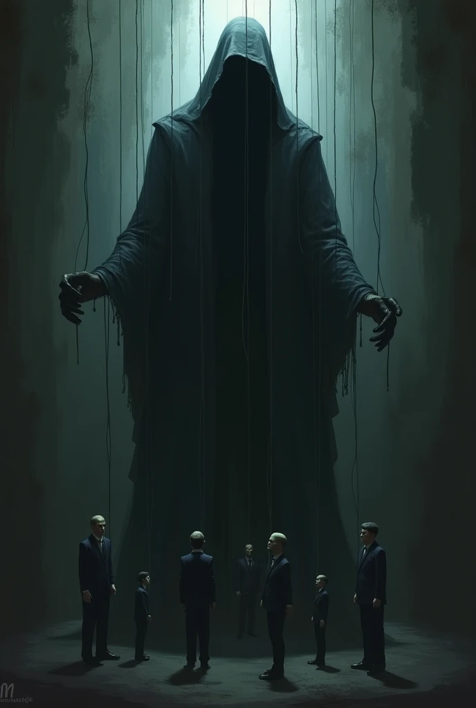 The friends facing the ghostly figure of Mr. Grimley, who looks menacing and powerful.