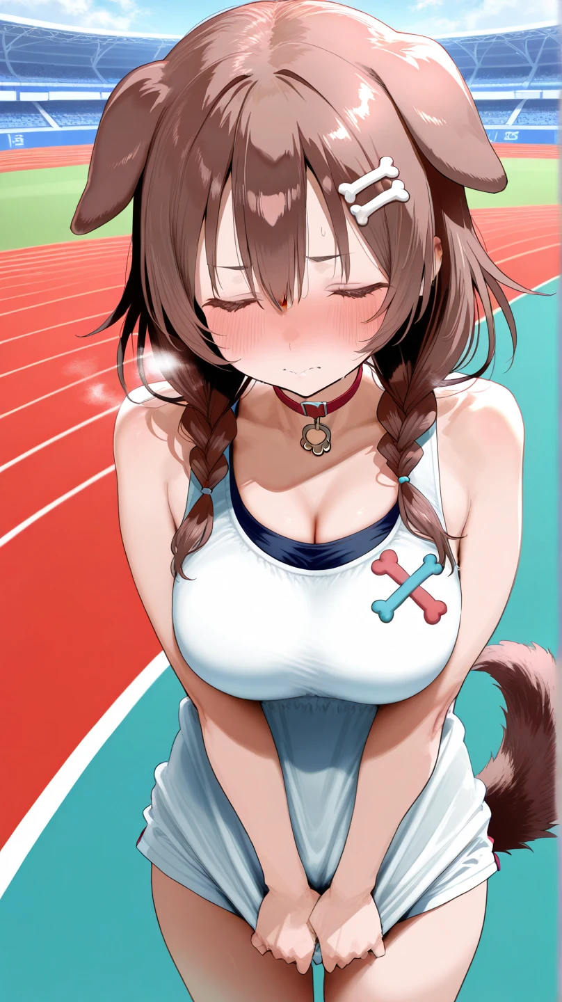 masterpiece, best quality, 1girl, solo, dog ears, brown hair, (blush:1.4), (embarrased:1.3) (simple backround, gray backround:1.2), (paw pose:1.3), green bikini, looking at viewer, facing viewer, breasts, wide hips, dog tail, thighs, full shot, (fist:1.3)