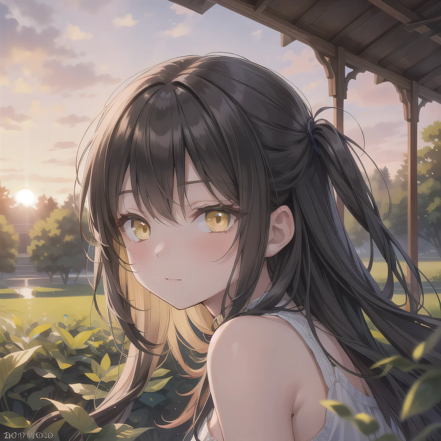 A breathtakingly beautiful 20-year-old woman stands in a lush green park at sunset, bathed in the warm golden light of the evening sun. Facing forward, her eyes gently closed, cheeks slightly flushed, and her face tilted upward as if anticipating a kiss, she embodies serenity and romance. The soft hues of the sunset complement the tranquil surroundings, enriching the dreamy atmosphere. Dark Hair, Black Skin, Brown Skin Female, Long Hair, (Yellow Eyes:1.5).