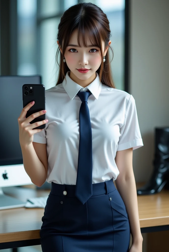On the table, Best quality at best, illustratio, ultra - detailed, finely detailled, A high resolution, 8k wallpaper, Perfect dynamic composition, 美丽细致的眼睛, flightattendantuniform,Departure hall, middlebreast, Natural color lips, Casual and sexy poses,ssmile,20岁女孩、Colossal tits、boot,ssmile