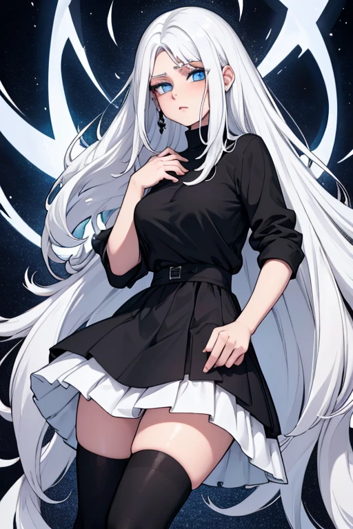 anime illustration, intelligent beauty with black glasses, unbuttoned white shirt, black tight miniskirt, ultra-thin black stockings and high heels, white glossy shoulder-length hair with splashes in places, messy hair, half-up knitting hair style, sparkling blue eyes, glossy pink lips, great proportion, full body, very high image quality, high quality, exquisite, 16k