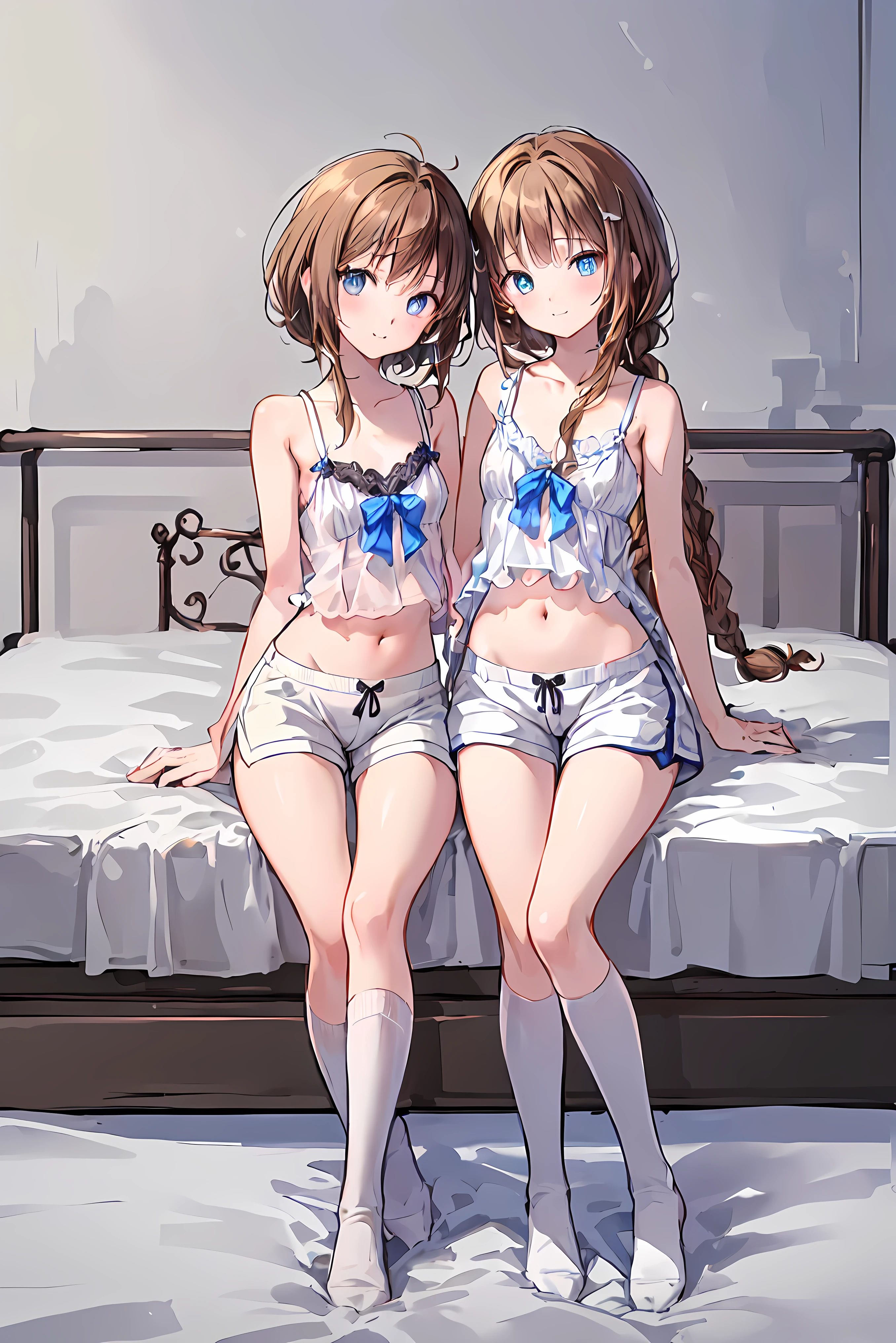 they are two girls in uniform sitting on a bed, wlop and sakimichan, anime girls, twintails, smooth anime cg art, anime moe artstyle, fine details. girls frontline, two beautiful anime girls, ecchi anime style, small curvy loli, [ 4 k digital art ]!!, kantai collection style, ecchi, from girls frontline