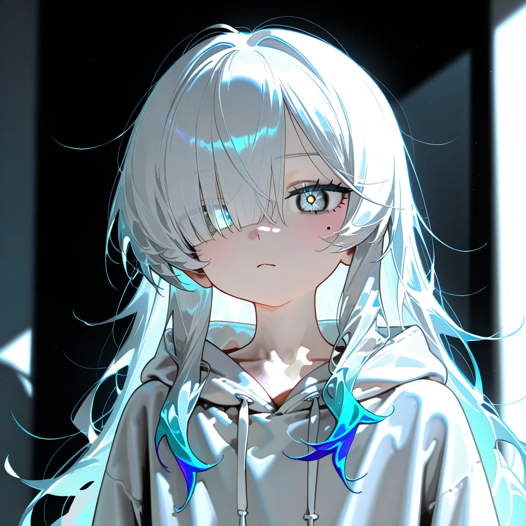 , white hair, multi colour,, light green hair,in black eyes, dawn,long hair, White Shirt,t-shirt,Skull hairpin,Long Eyelashes,,cute,black background,Blue Eyes, tomboy, ghoul eyes ,Loli,Oversized coat,Hooded tunic,runny nose,, put on a scarf ,Fever