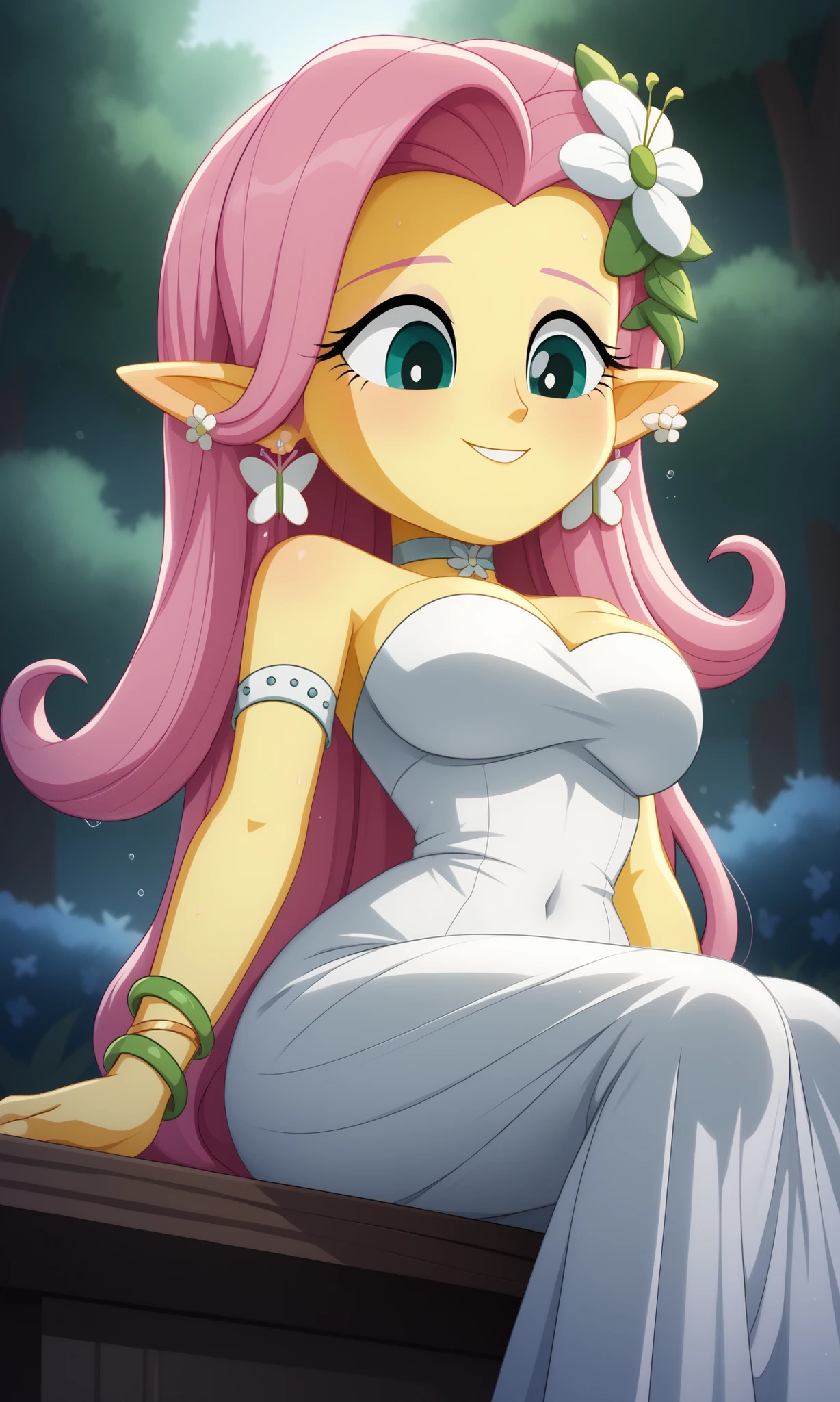 ((masterpiece, detailed image, soft skin, style_2d_chibi)), (fluttershy) 1girl, pink hair, alone, solo, breasts, Big breasts, colored skin, yellow skin, navy green eyes, hair ornament, flower in hair, flower, ((focus on face)), ((looking down)), ((from below)), sideways, shy, mouth closed, 1 girl, elf, elf cosplay, pointed ears, ((forest nymph)), ((hair ornament)), ((flower in hair)), vines, choker, green flower choker, ((strapless dress, white thread dress)), ((white dress)), bright skin, smile shy, wide hips, thick thighs, neckline, transparent dress, transparent dress, bare shoulders, separate sleeves, ((shoulder bracelet)), dress with natural print, flowers, lianas, petals, ass visible through the thighs, covered navel, forehead bracelet, ((flower earrings)), ear piercing, sebtada, sitting in a lagoon, trees, lianas rabas, dark forest, magic, leaning on the arm, butterflies, animals thigh butterfly on hand, wet, wet hair
, SciTwi EQG, pink hair, yellow skin,