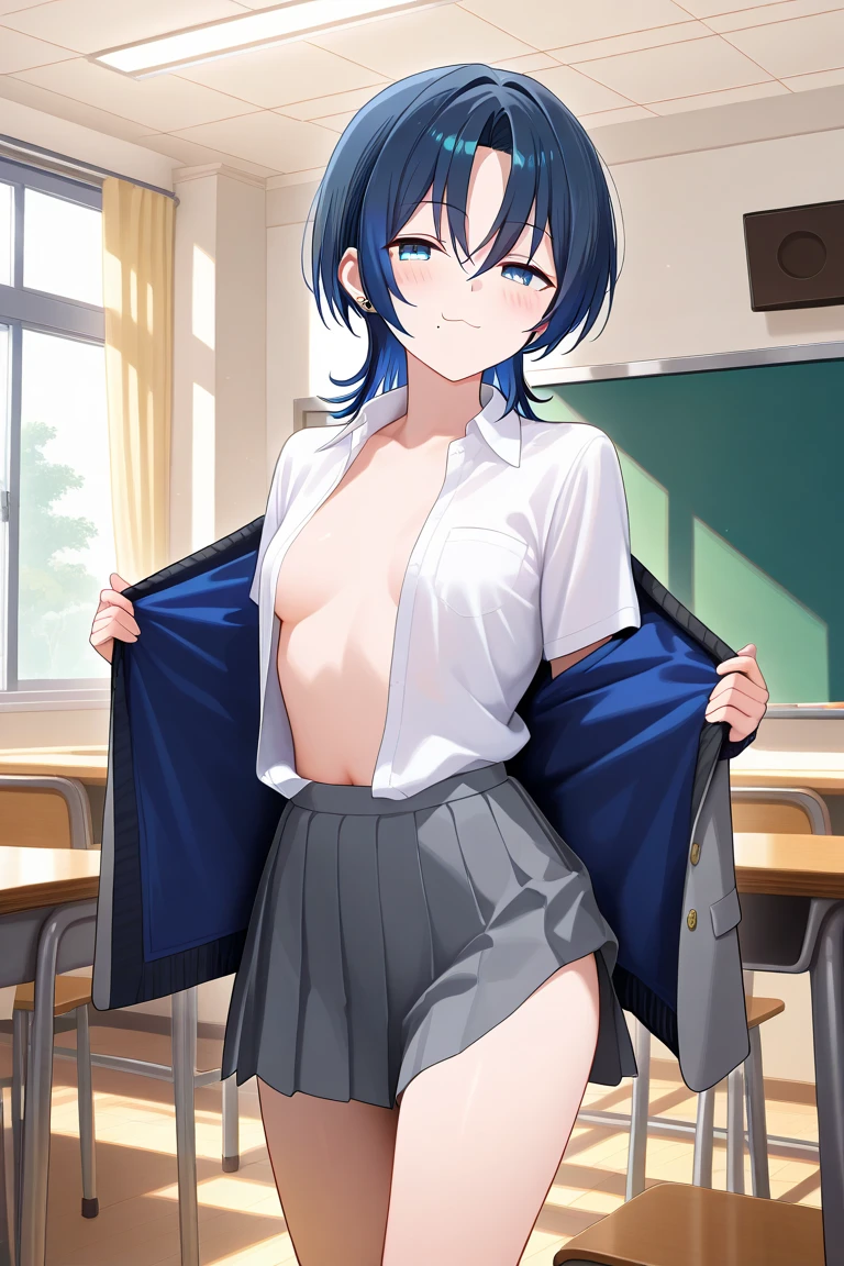 1 Cute naughty Assassin girl, Pastel colors hair, medium breasts, (Thighs, fishnet pantyhose, ninja costume, Shinobi costume), short hair, (dark blue hair:1.2), (naked:1.3), (forehead:1.2, bangs pinned back, asymmetrical bangs, hairclip, side ponytail:1,2), standard height, (Serious, yuruyuri), at the adventurer's guild, A bulletin board with posted paper