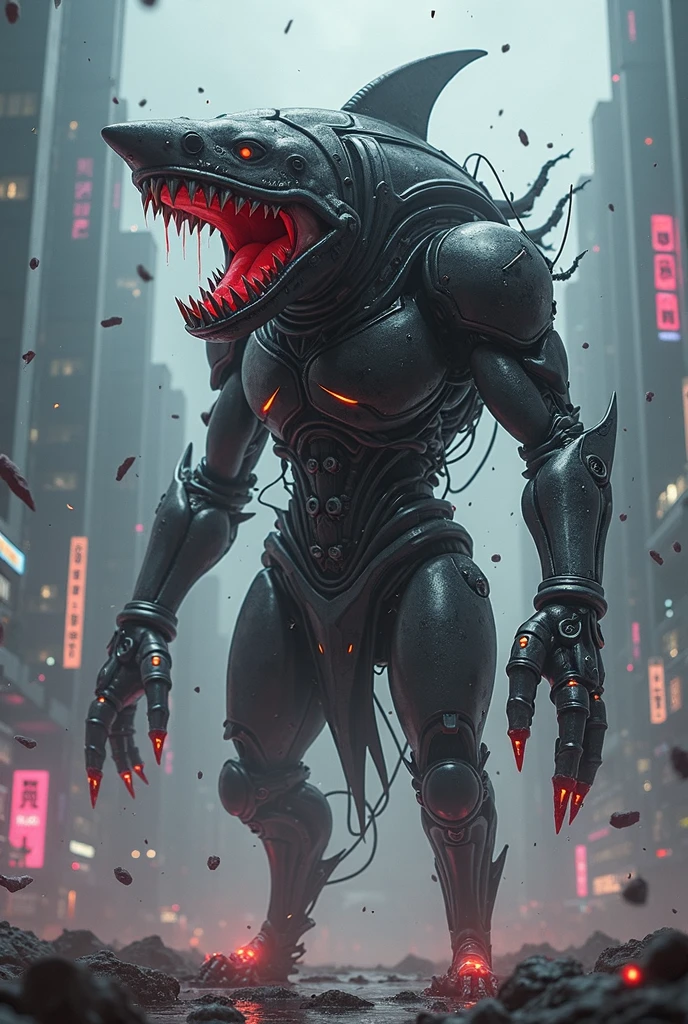 Dark cyberpunk scene with a giant half robot augmented alien 