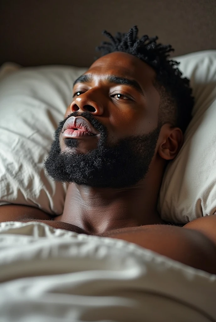 [Core Concept] A sensual, intimate portrait of a mature Black man engaged in self-pleasure.

[Character Description] A middle-aged Black man, his features weathered yet handsome, is reclined comfortably on his bed, his expression one of blissful abandon as he indulges in private self-exploration.

[Environment/Background] The scene is set within the man's private bedroom, the space imbued with a sense of intimacy and seclusion, the soft bedsheets providing a warm, inviting backdrop for his actions.

[Style and Atmosphere] The overall atmosphere is one of erotic sensuality, the lighting casting a hazy, dreamlike glow that enhances the intimate, almost voyeuristic nature of the moment.

[Composition] The frame is tightly focused on the man's form, capturing the fluid, sensual movements of his body as he pleasures himself, the composition drawing the viewer's gaze directly to the central action.

[Details and Embellishments] Subtle details, such as the man's flushed skin, parted lips, and the subtle tension in his muscles, add depth and realism to the scene, heightening the viewer's sense of connection with the subject.

[Technical Specifications] The image is rendered with a high level of photographic realism, utilizing techniques such as precise lighting, detailed textures, and a shallow depth of field to create a visually striking and immersive depiction of the intimate moment.