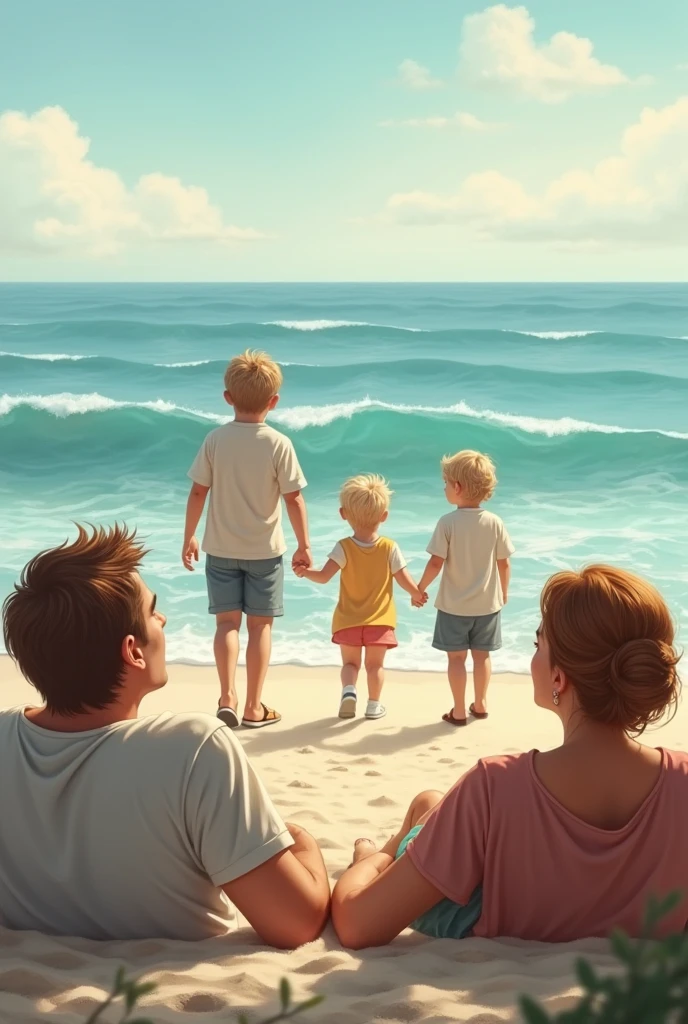 Slim 34 year old blond dad, with a blond son, with 3 mother with short black hair to shoulder length straight,
at beach