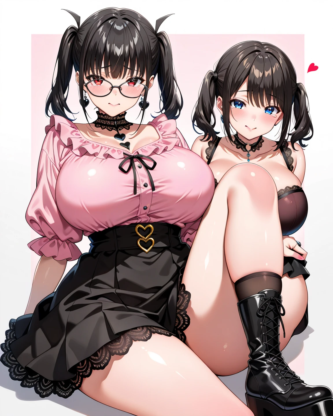 (cute eyes:1.2), (sparkling eyes:1.2), (8K、Best image quality、highest quality、masterpiece)、Detailed face、(2 girls)、Improve、(Black Hair, Purple Eyes, Glasses, long hair), (skinny body:1.4), (huge breasts:1.3), (cow print micro bikini:1.1), all fours a chair, whole body, Classroom Background, (black stockings:1.2), (Thighs:1.2), (Waistline),(from above:2)