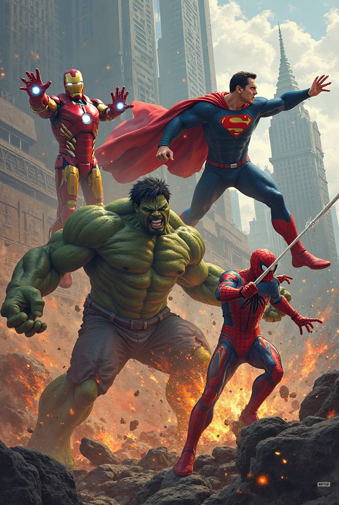 "An epic battle commences as Thor, Hulk, Iron Man, and Spider-Man join forces to save the world!"