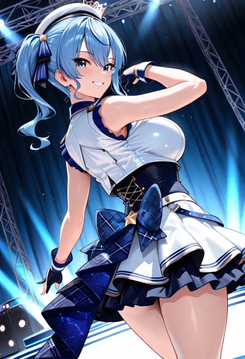 masterpiece, highest quality, High resolution, ,alone, Center of chest, Cowboy Shot, smile, Open your mouth, stage, Idol_dress, Juliet Sleeve, Short sleeve, mini skirt, wave hands,Bunny ears、Carrot、