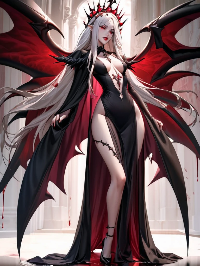 [(white background:1.5)::5], (bottle bottom:0.9), masterpiece,(full body:1.2),(masterpiece, ultra high res, 16k uhd, high quality),1monster girl, vampire, huge chest, red dress, smirk,perfect face,hybird,monster