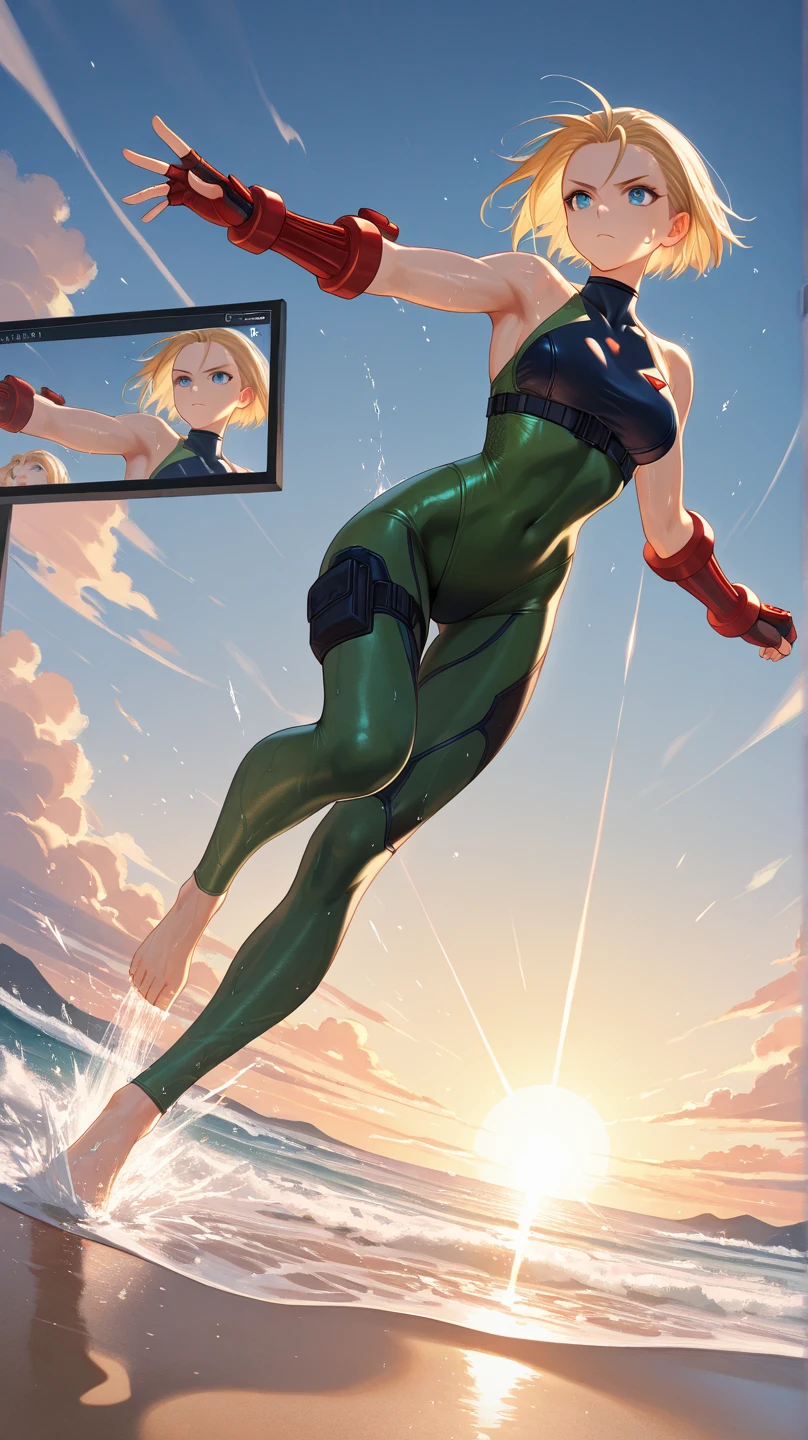 Street fighter cammy, showing armpits and pussy, half naked.(((half naked))) forest background, green outfit, red boots.