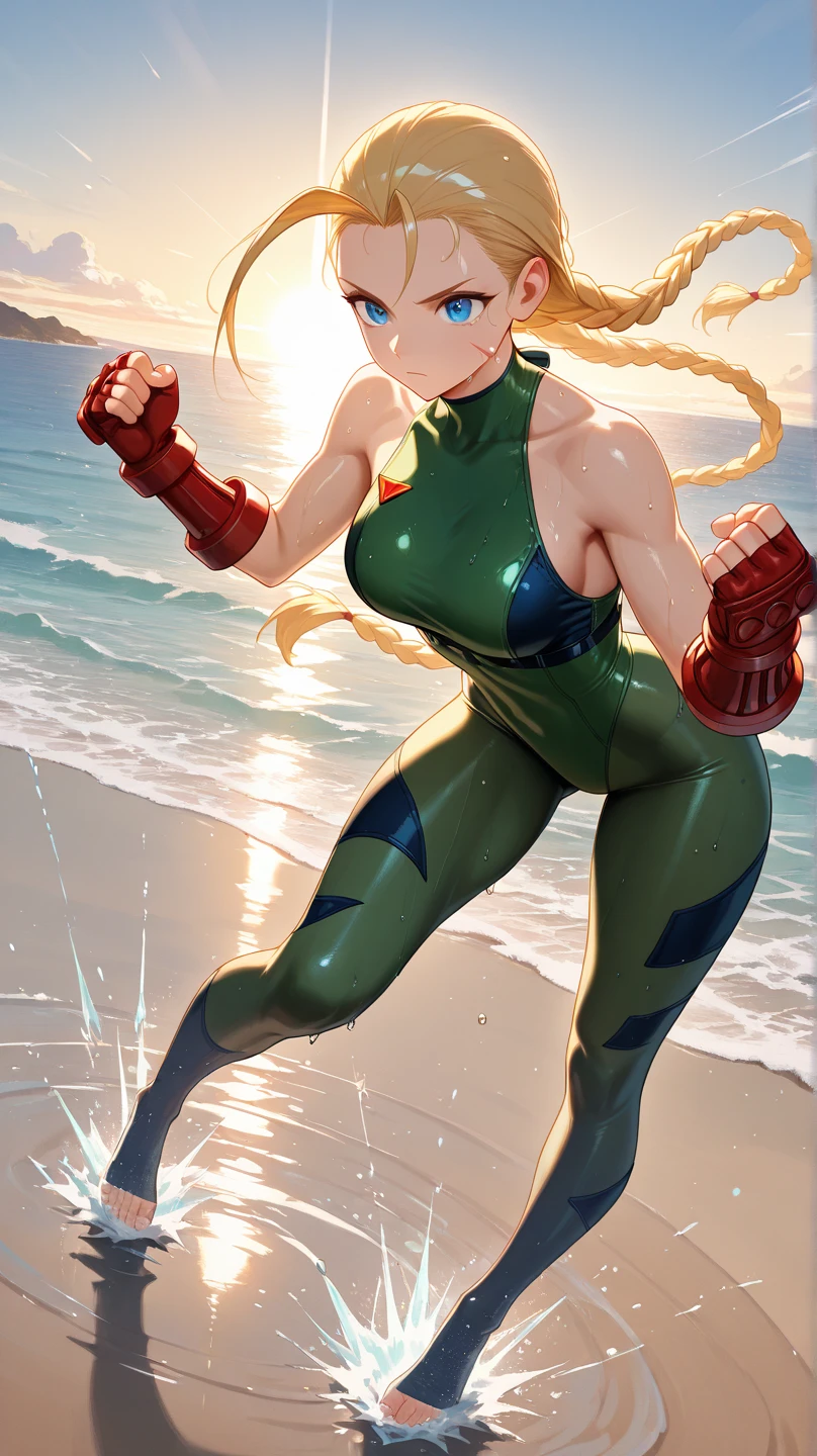 Cammy from Street Fighter, wearing a skimpy green bikini, wet skin, oily skin, cute face, serious face, coming out from the sea, sunny day, sunny background, UHD, side lighting, ultra-realistic, ray tracing, full body must be visible