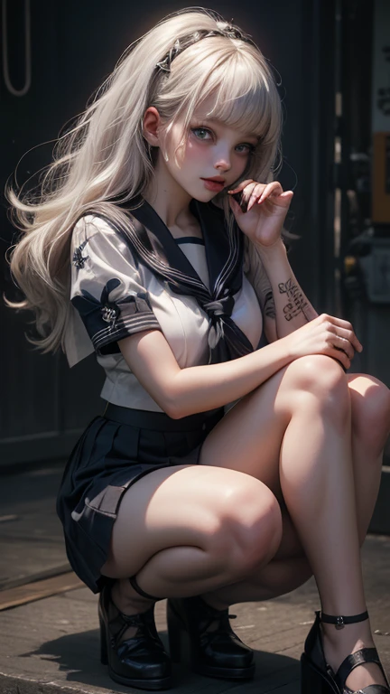 （Extremely normal body）Japanese-style town：1 Elf beauty，JK school uniform，(Elf long ears)，Short silver-white hair，Half-tied ponytail。Uniform for female high school students)，Short plaid skirt，Stretch your feet，Black short stockings，Black socks, Black socks，Translucent black socks，Jade foot，soles of feet，Normal feet ， very detailed eyes and faces， Sharp pupils， realistic pupil， tack sharp focus， cinmatic lighting，full bodyesbian，Bigboobs，long leges，From the front side，dynamicposes，Normal posture，closeup of face