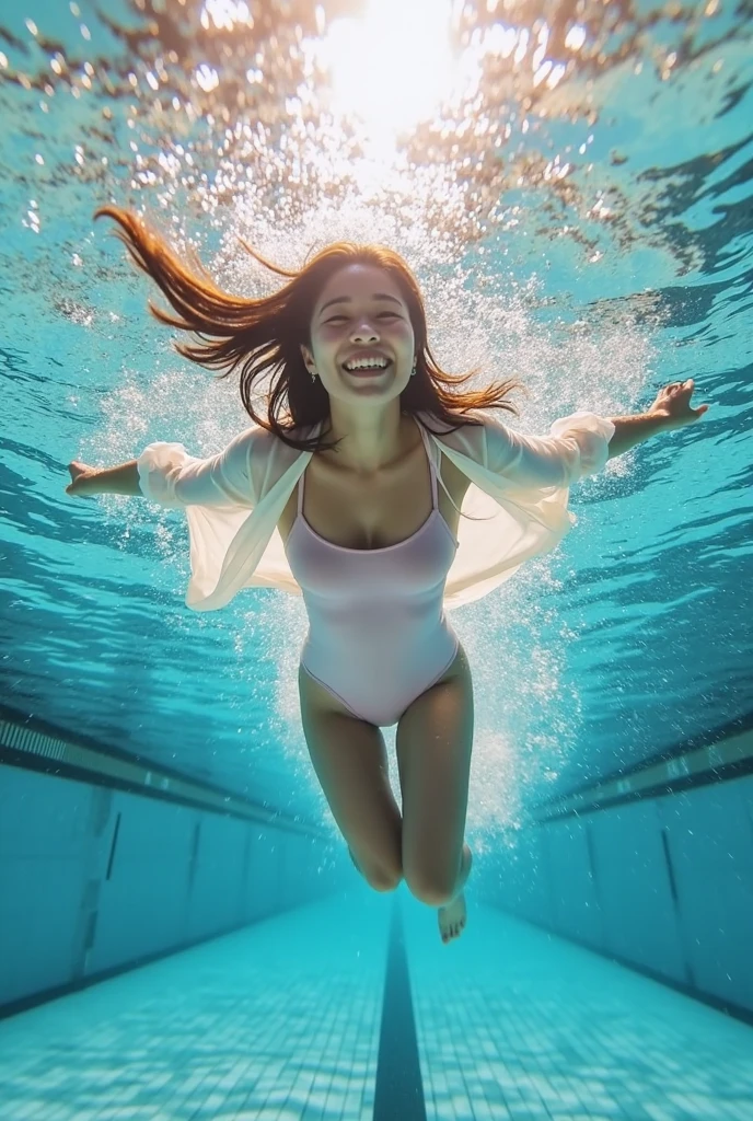 Garota brasileira e ruiva nadando debaixo d'water in a swimming pool, She's happy and smiling., 18 anos, wearing a white bikini, Debaixo d'water there are many air bubbles around the girl, She extends her hand and points her index finger calling the camera, ela solta bolhas de ar pela boca, many bubbles in the water, bolhas saem da boca dela. water as realistic as possible.
