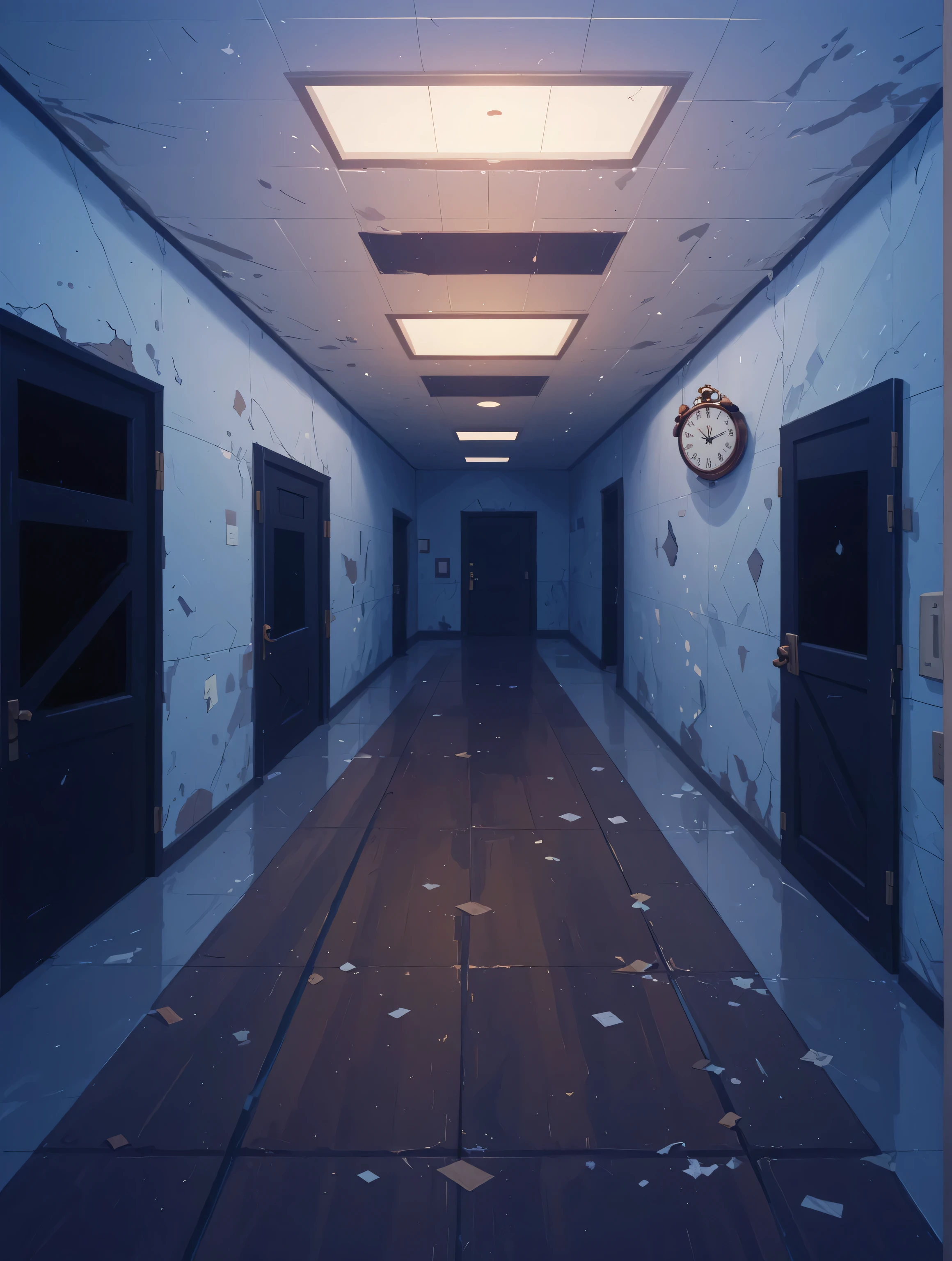 masterpiece, abandoned school , corridor, plastic and glass doors, boarded up with boards, doors are boarded up with brown boards, Wall clock, Abandonment, ruin, glossy floor tiles