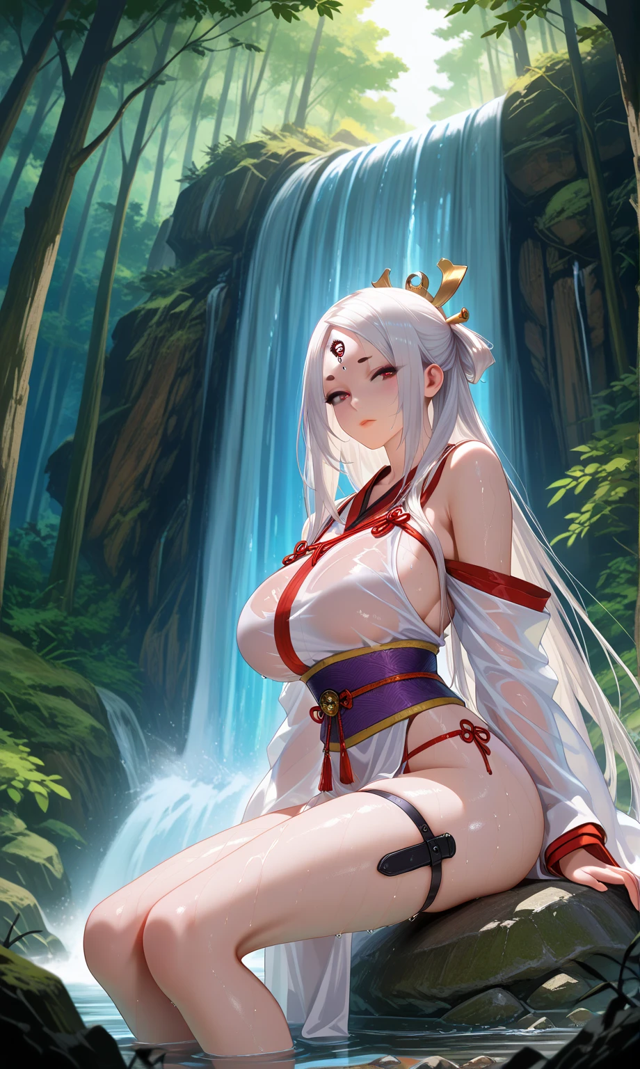 shenhe_\(genshin_impact\), hiten kei style, claude monet, oil painting, masterpiece, hyper realistic, realistic skin, best quality, 1girl, lakeside, huge breasts, huge nipples, erect nipples, looking at another, topless, full body, vector illustration, nipples, light smile, blunt bangs, long hair, stomach, navel, bare shoulders, white hair, braided, wet, soaked, raining, sarong, loincloth, black pantyhose, red tassel, magnolia leaves, autumn, sky, hands up, arched back, stretching, open mouth, bored, waterfalls, cliffs, falling leaves, resting
