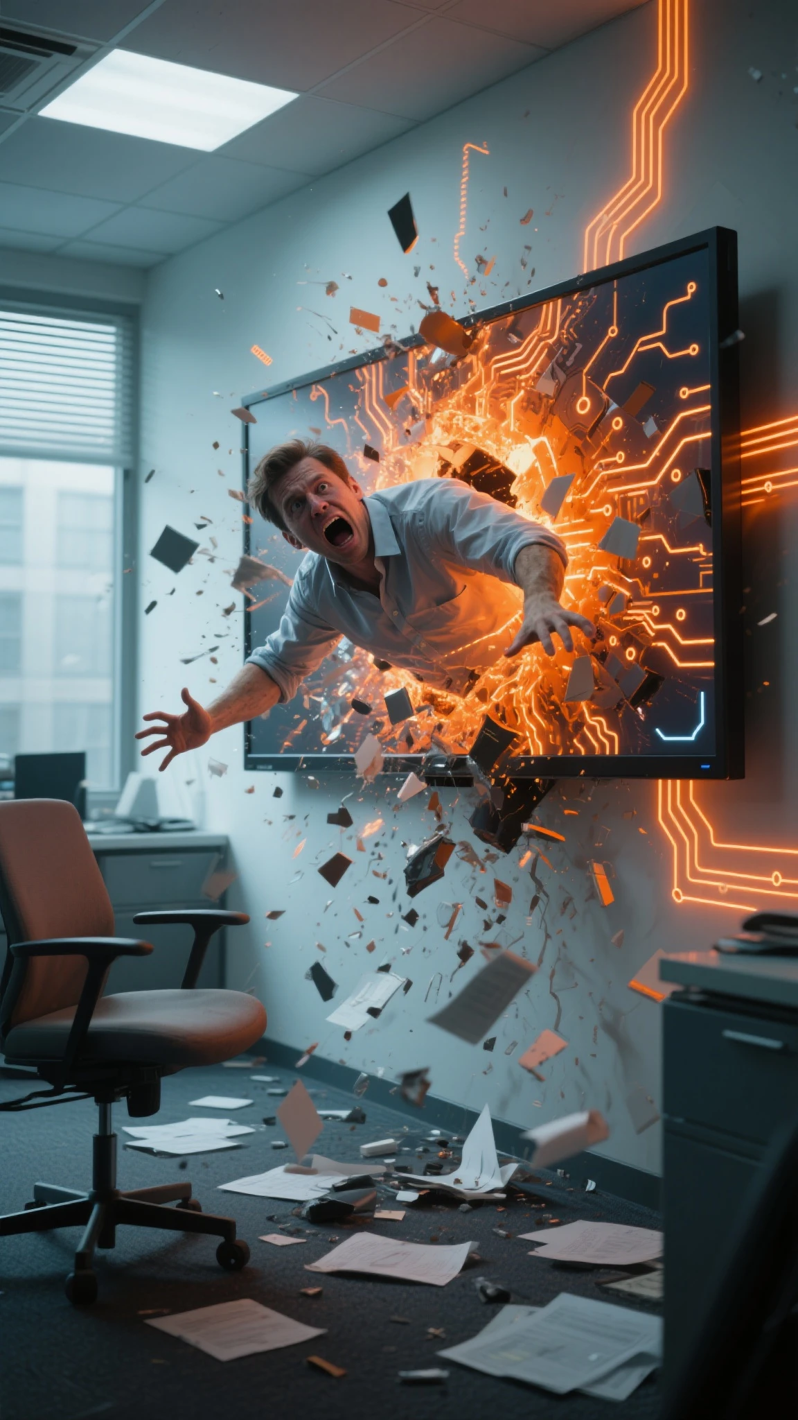 A hyper-realistic scene where a man is being violently pulled into a large wall-mounted television screen in a modern office. The man's body is partially deconstructed into digital shards and glowing circuits, with a terrified expression as he reaches out to escape. The TV screen emits a powerful orange glow, with digital tendrils and circuit patterns extending into the room. Office furniture, papers, and even parts of the floor are being sucked towards the TV, adding to the chaos. The television is realistically scaled like a large flat-panel display, seamlessly integrated into the office wall, avoiding any oversized smartphone distortion. High-detail textures on skin, debris, and digital effects, with cinematic lighting to emphasize urgency and danger.
