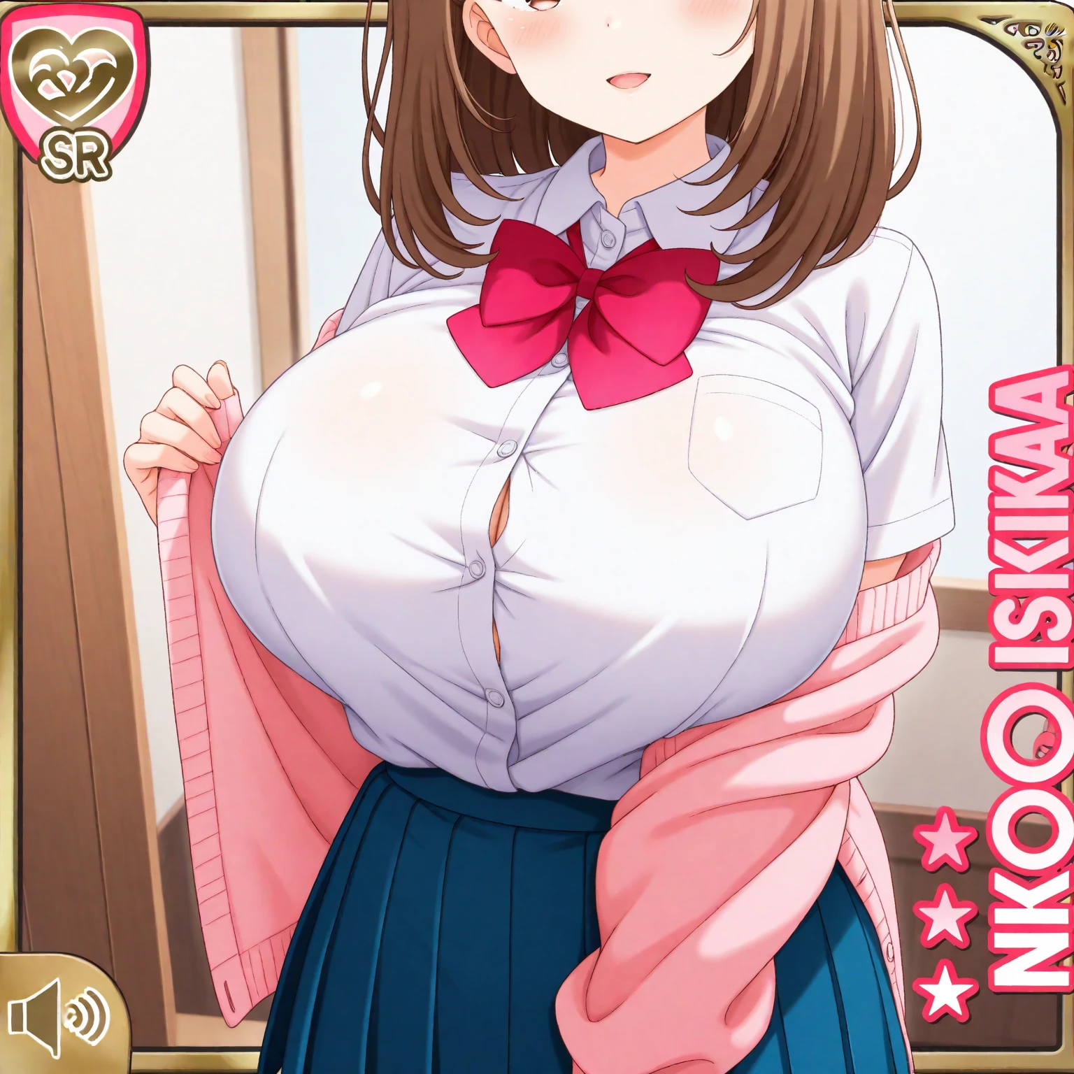 masterpiece, best quality, highres, hmhinana, long hair, single side bun, hair ribbon, neck ribbon, school uniform, white shirt, yellow cardigan, open clothes, long sleeves, plaid skirt, grey skirt, pleated skirt, (gigantic breasts:, breasts out, nipples, open shirt, nude, topless,navel, : 1.4)