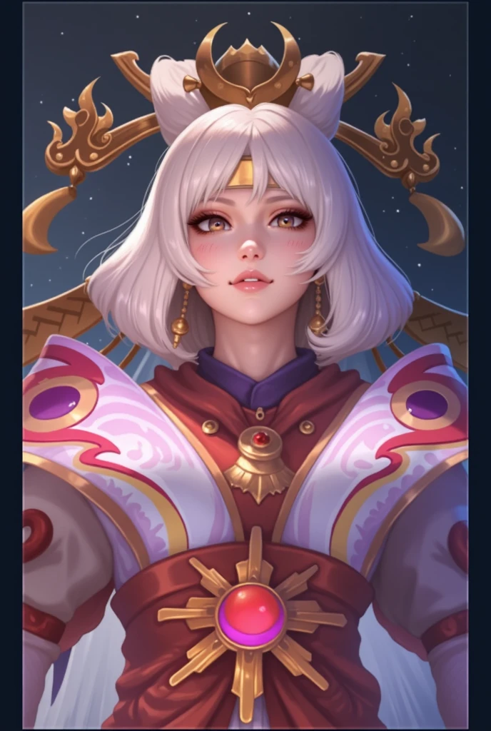 The image depicts a character with short white hair, adorned with a golden crown and earrings. The character is wearing elaborate, colorful armor with intricate designs and a prominent red gem in the center. The background features a dark, starry sky.