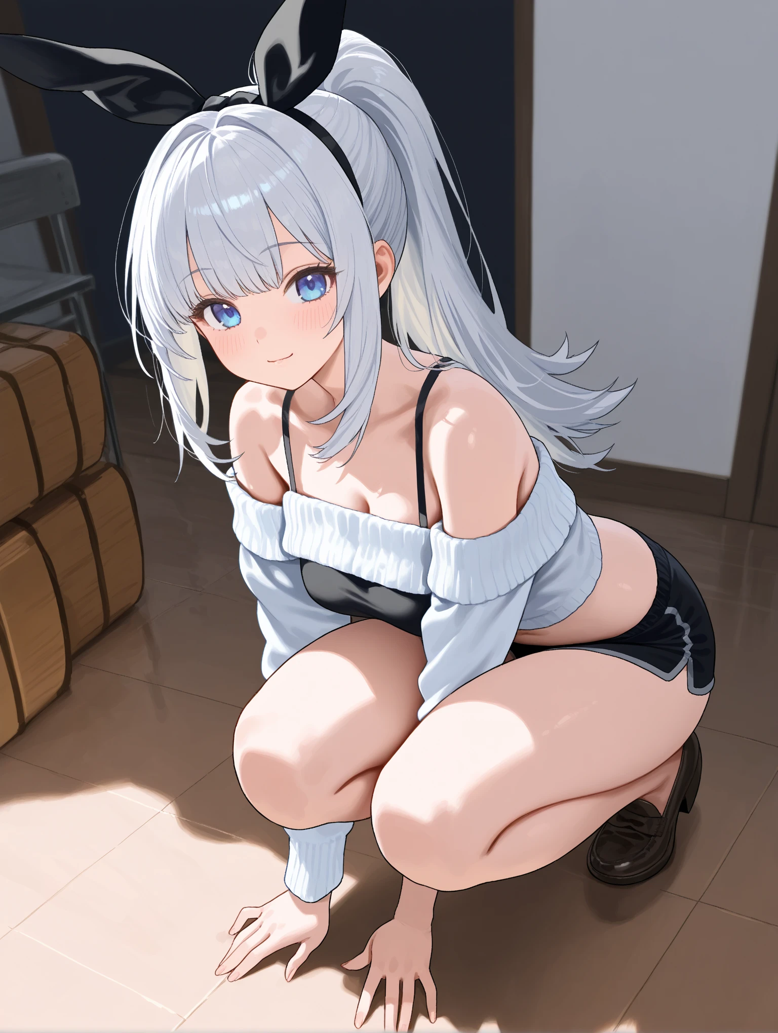 1 girl, cute, young, white hair, twintail, blue eyes, gym shirt, thigh high,