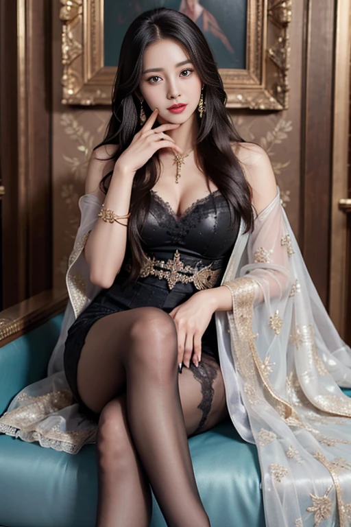 (tmasterpiece,high qulity,real photograph),Complicated details,Fantastical Atmosphere,Colorful effects,A pure and beautiful girl,Delicate and detailed face and eyes,Delicate makeup,Clavicle chain,black lence stockings,A short skirt with a sense of design,((sexy boobs)),Sit Pose,spread their legs,palace background,(Herrills F2 55)