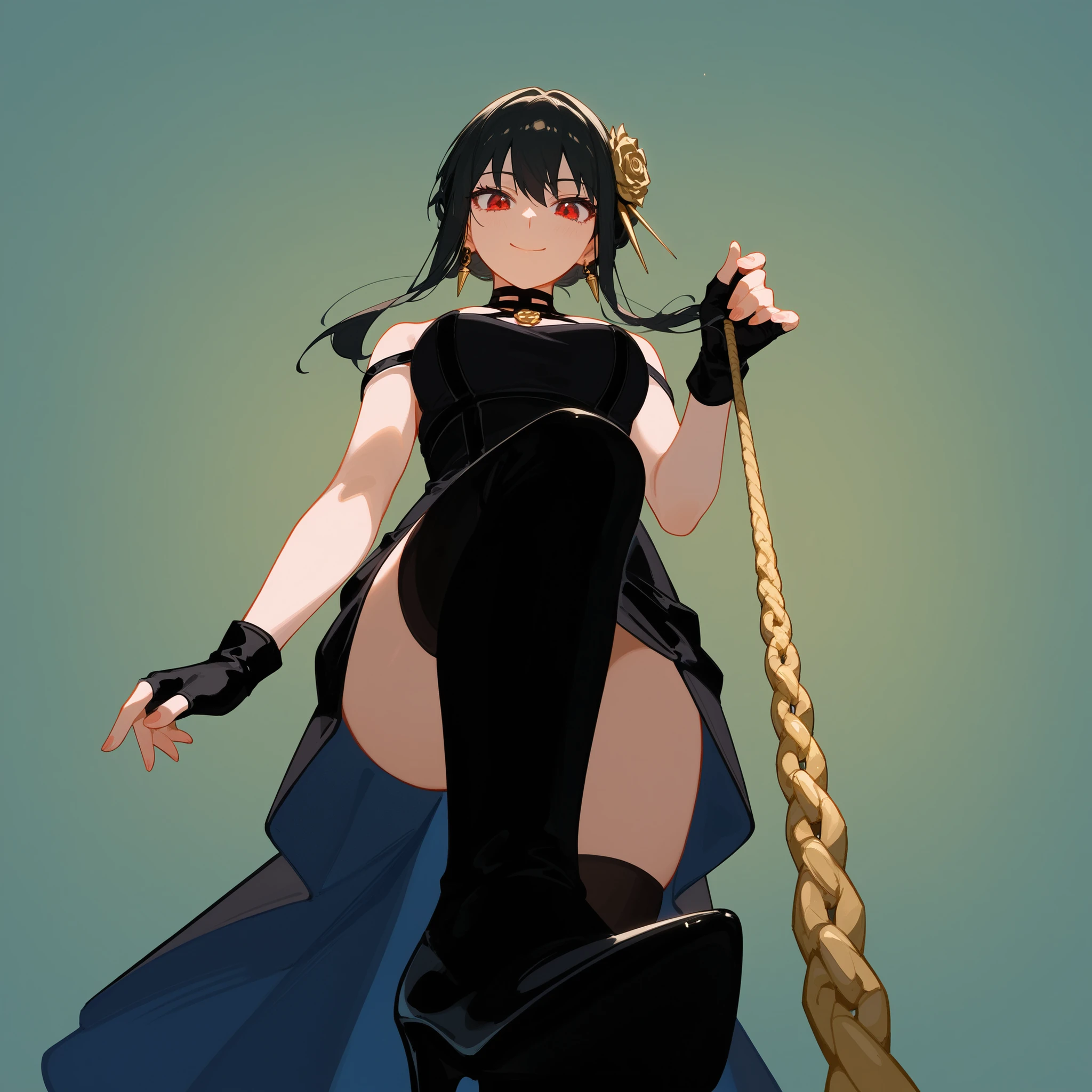 score_9, score_8_up, score_7_up, ASCII masterpiece, source_anime, BREAK, 1girl, solo, Yor_Briar, dress, black dress, black hair, high heels, thighhighs, red eyes, double-sided cloth, high-heeled boots, boots, hair tie, gloves, breasts, hair ornament, flower, double-sided dress, fingerless gloves, black gloves, side ponytail, thigh-high boots, hair flower, black footwear, rose, bare shoulders, black thighhighs, long hair, gold hair tie, rose motif, earrings, sleeveless, short hair with long ponytail, jewelry, covered mouth, bangs, sleeveless dress, standing on one leg, heels clicking, Heels in Urethra, stomping high heels, stepping on audience, lifting feet, high heels focus, from below, shiny clothes, looking at audience, sadistic, flirtatious, smiling, teasing, looking down, (heel sole) facing audience (position: center), holding slave rope, pulling slave rope, seen from below and close-up (perspective: low angle, close-up), mistress, femdom, from below, cowboy photo
