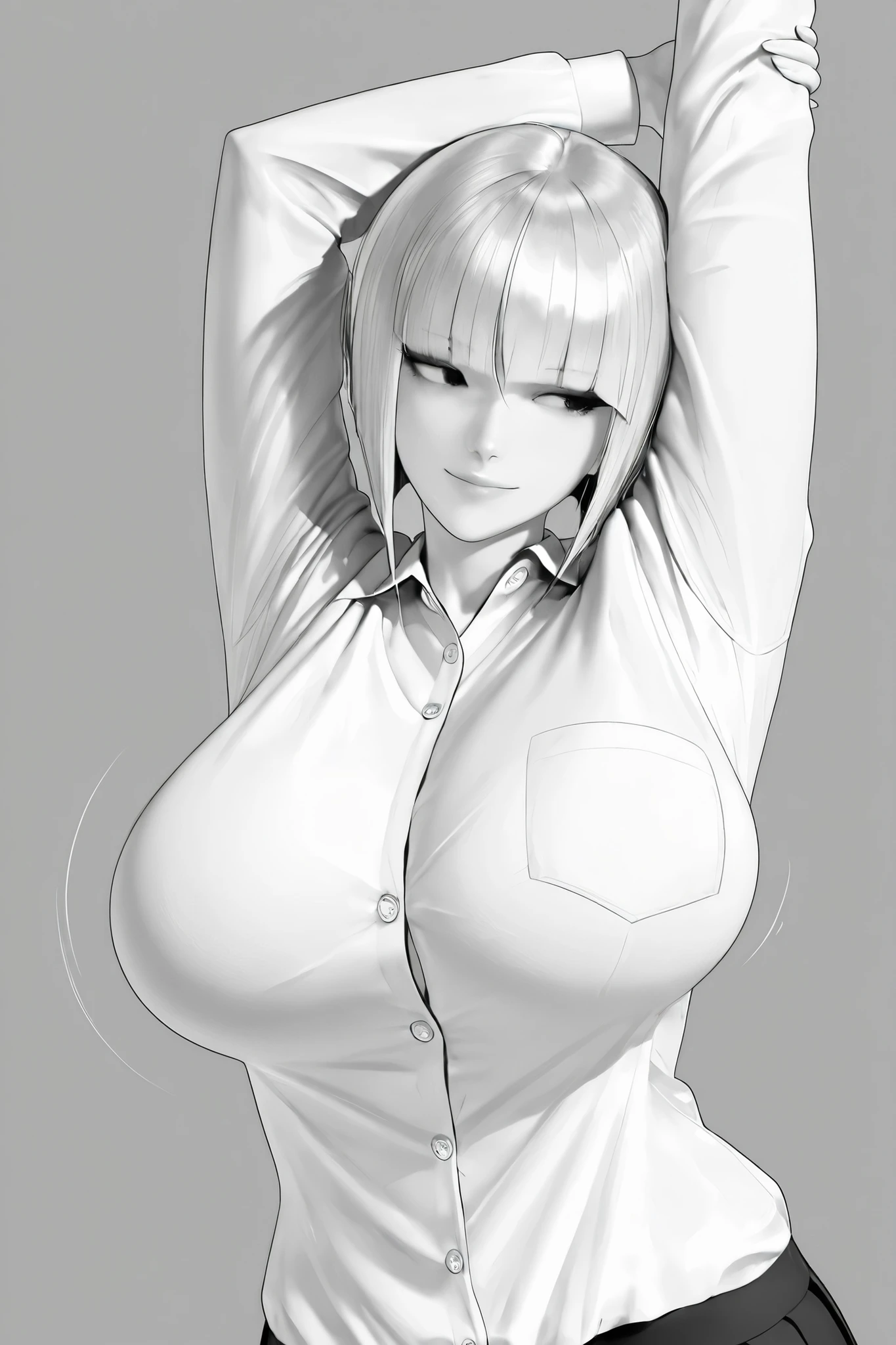 score_9, score_8_up, score_7_up, score_6_up, score_5_up, score_4_up,
BREAK
(masterpiece: 1.0), best quality, perfect anatomy, perfect composition, perfection, Realistic proportions, realistic anatomy,
BREAK
use of shape theory, use of anatomy, defined body, defined textures, defined fabric folds.
BREAK
Elegant, graceful, amazing anatomy, perfect form, perfect face, perfect hands, correct anatomy, high res, absolutely breathtaking, greyscale, hyperdetailed pencil artwork, monochrome, pencil texture.
BREAK
1girl , solo , long hair , breasts , bangs , large breasts , simple background , inverted bob, school shirt, huge breasts, stretching, looking to side, wide smile,