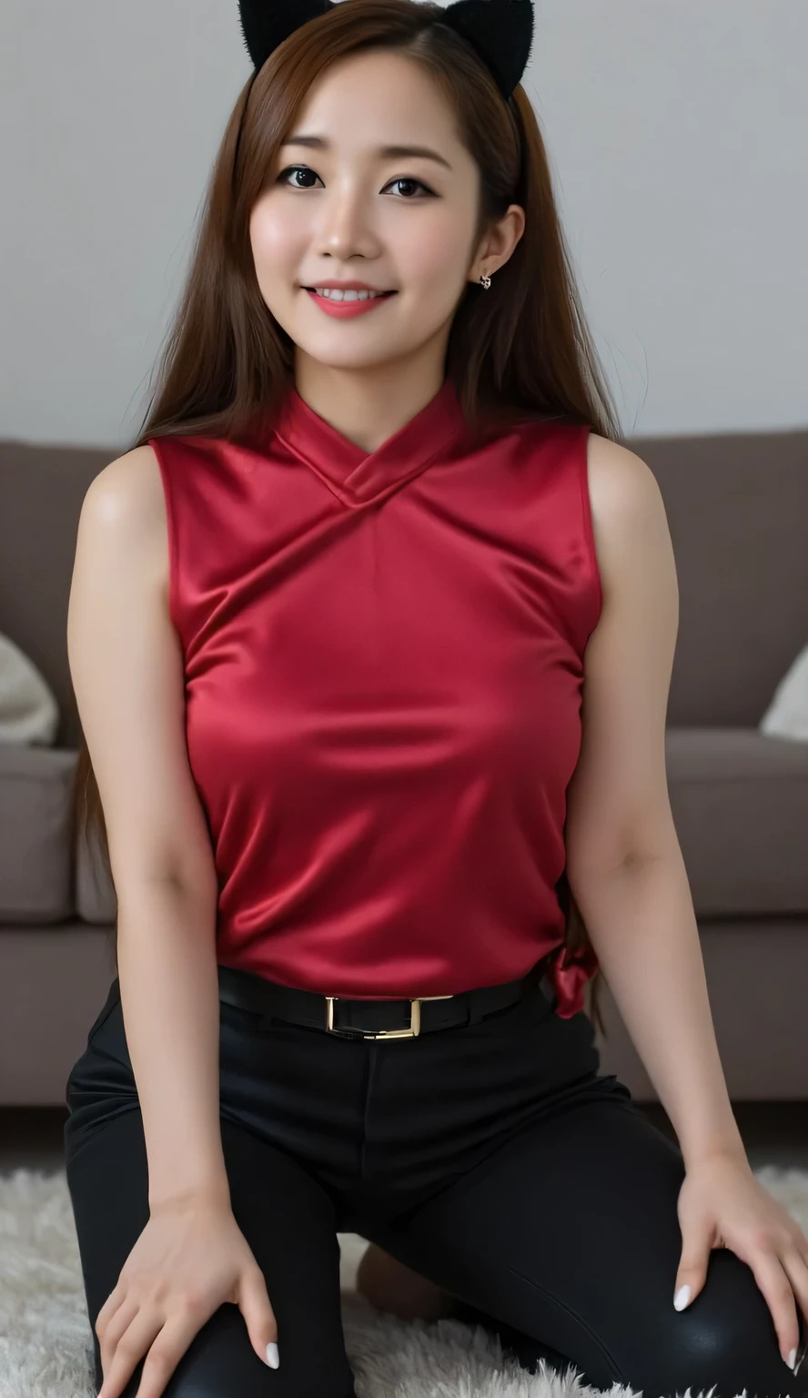 top-quality、masterpiece、超A high resolution、(realisitic:1.4)、Beautuful Women1、Beautiful detail eyes and skin、smile、Light brown short-cut hair, She is Wearing a dess posing for a photo, gorgeous chinese model, photo of slim girl model, IG-Modell, beautiful female model, on the hotel, ponytail short hair, red dress, wett
