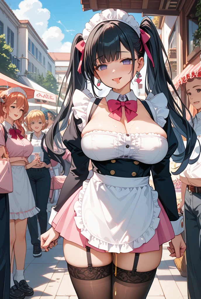 (((masterpiece, Highest quality, High resolution, 超High resolution, Perfect Pixel, Depth of written boundary, 4K, RTTX 10.0))), Beautiful Anime Woman, Beautiful art style, Anime characters, ((Smooth texture, Realistic texture, Anime CG Style:1.1)), Perfect and accurate finger count、Exact number of legs、(Exact number of arms:1.0, Exact number of hands:1.0), (Perfect hands, Perfect Anatomy), Cinematic, Realistic, Extremely detailed CG, Daytime lighting, Perfect lighting, Best Shadow, The best natural light, whole body, Perfect body, バランのとれたPerfect body, Perfectly balanced style, Soft body, Slender body, ((bangs, Dark brown hair, Twin tails, High Up)), ((A cute adult woman is walking towards me:1.8)), ((Bow tie around neck:1.3), (Sexy and cute white underwear:1.3), (Stylish shiny white satin panties, Side-tie panties, Panties with plain white center and lace decoration on the sides, Thin panties with red ribbon:1.4), (White micro lace satin bra, White bra with large lace trim around the edges, Thin bra with red ribbon:1.4), (garter belt, Garter Strings, Knee socks:1.3):1.3), (Beautiful big boobs:1.1), (Embarrassed expression:1.7), blush, (supermarket, Merchandise Shed, aisle, Many visitors in the background, Inside the crowded store:1.7), naked, In underwear, (White ruffled headband:1.3), Angle from the front