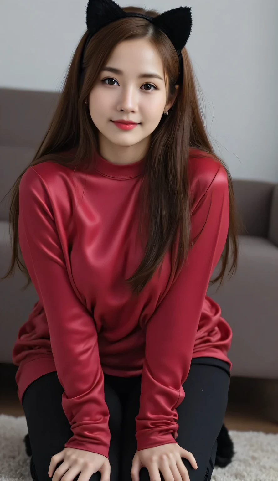 a woman, was in the living room, kneeling with palms touching the floor, posisi doggystyle, body facing the camera , eyes looking at camera , wearing red satin sleeveless muslim shirt, black satin material leggings, big , thick red lips, seductive smiley face, slim waist, visible curves, black bangs, using a cat ear band with a cat tail behind the waist