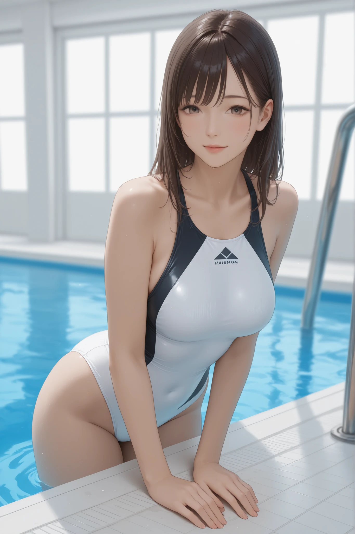 ((masterpiece, best quality)),((highres:1.2)), 1 Girl, solo, Blurred Background, (((Small breasts))), Thighs, (Stripe underwear), (One piece swimsuit), pool, leg Spread, ((boyish:1.2))