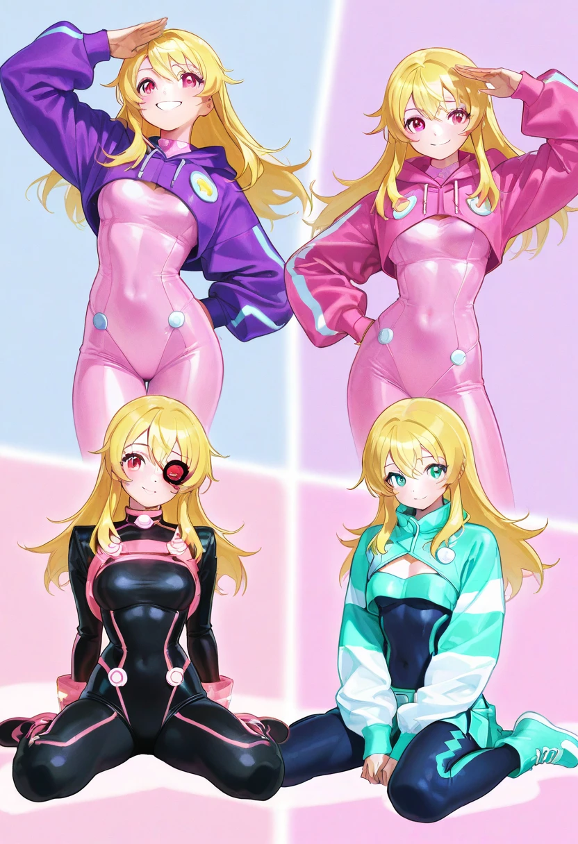adopt, character profile, character, original character, brown eyes, high ponytail, blonde, pink latex suit with zipper