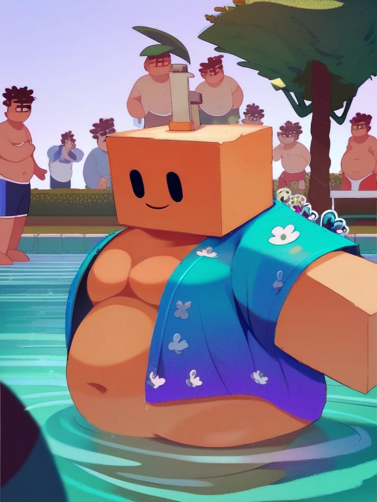 Roblox Noob, chubby , Swimsuit , with a big belly to reveal clothes, cute, Swim in the water park, There are many people, side view, awkward, face red