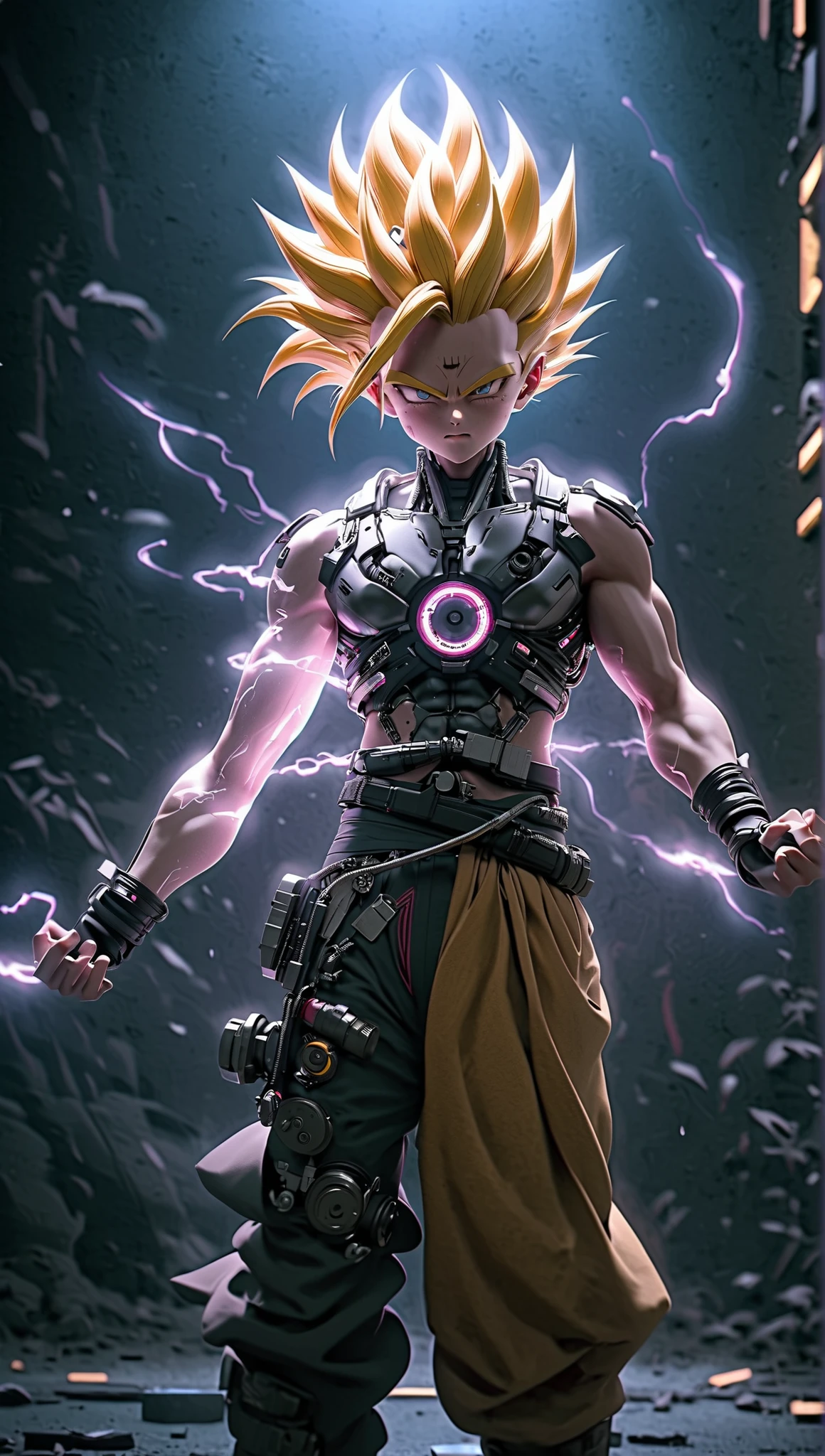 a super saiyan cyborg, highly detailed, hyperrealistic, cinematic lighting, dramatic, gritty, moody, neon lights, glowing energy aura, intense expression, mechanical parts, cyberpunk style, advanced technology, futuristic, volumetric fog, dynamic pose, 8k, photorealistic, unreal engine, concept art style