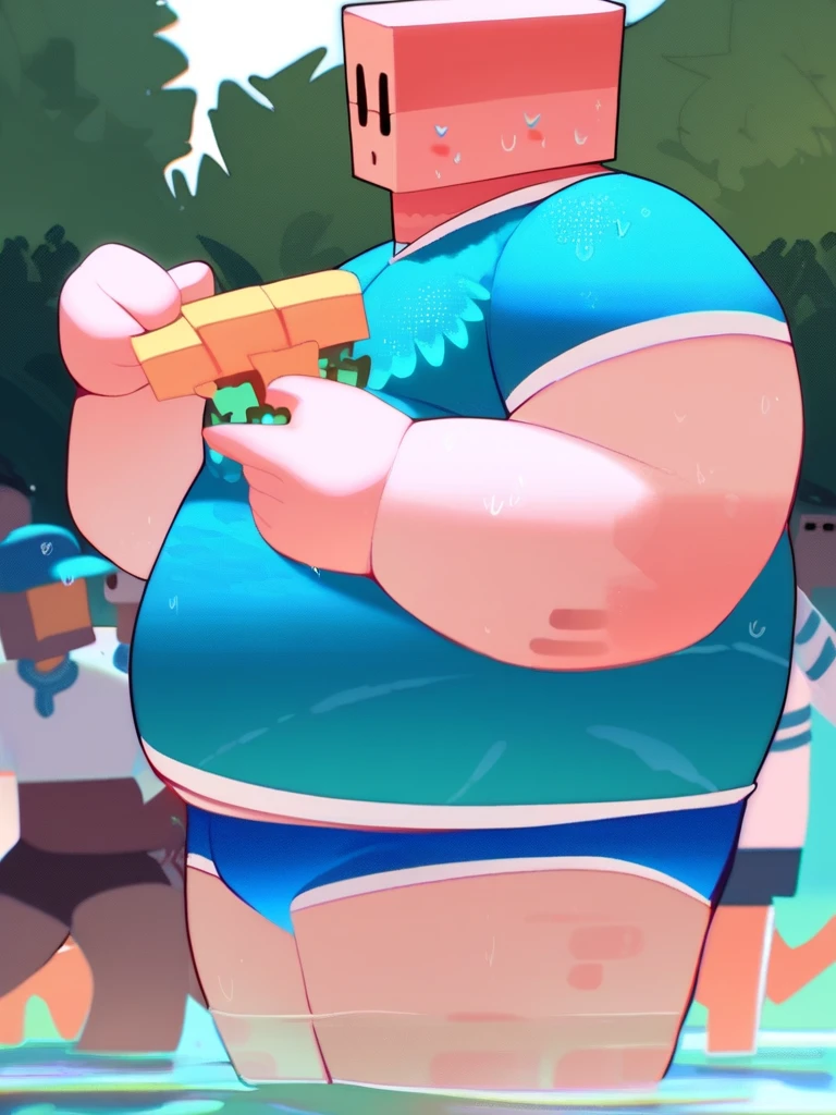 Roblox Noob, chubby , Swimsuit , with a big belly to reveal clothes, cute, Swim in the water park, There are many people, side view, awkward, face red