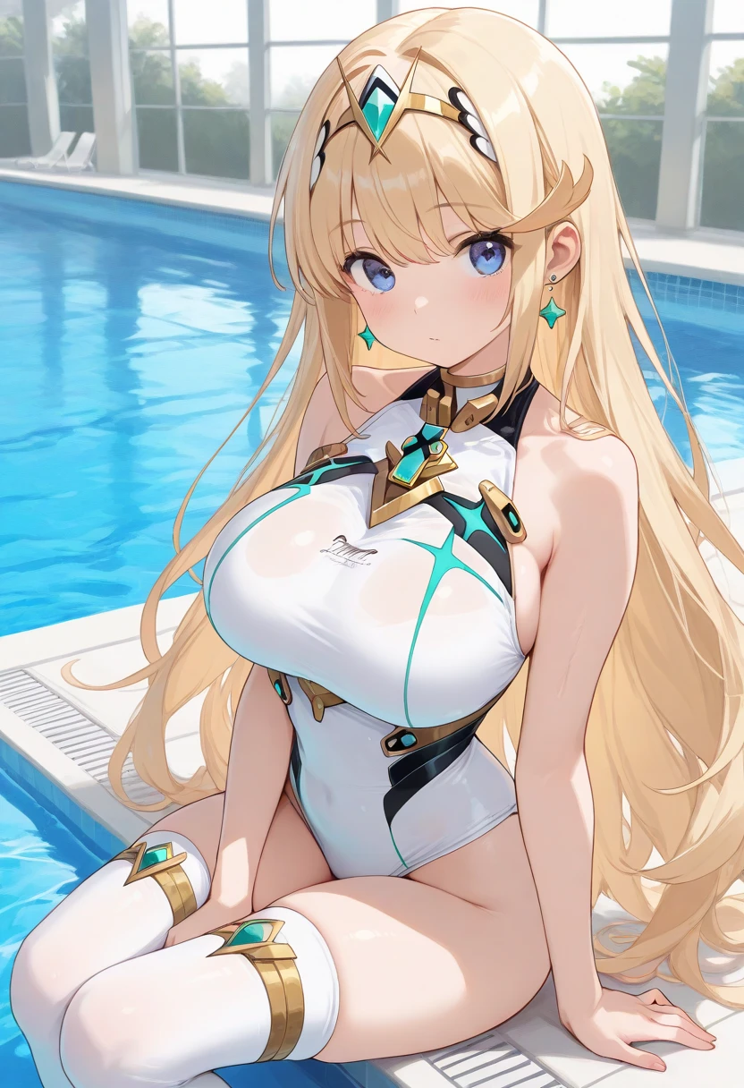 1 girls, (detailed light blue eyes, longeyelashes, detailed beautiful face:1.1), 4k quality, (Long blonde hair:1.4), (arms behind back:1.3), (big breasts:1.5), (blushing:1.5), long hair, hair between eyes, (white bikini with side lacing, tight White bikini, 18 years old:1.5), (Bondage:1.3), raised eyebrows, full breasts, OTN, White Gag, gagged, (Lying:1.5), (laying In water Close to a beach:1.6), anxious facial expression, looking at the Viewer, Viewer very Close to her breasts, Wet, Wet clothes
