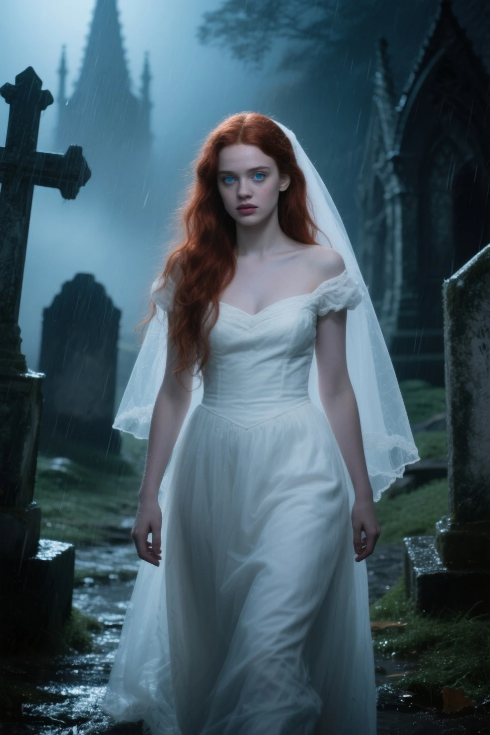 (extremely detailed 8k wallpaper), Dark Theme, Vampire in Masquerade, Modern Horror, uses (white wedding dress), (torn and dirty), fine focus, (subsurface dispersion:1.1), (((Young woman))), (curly red hair), (blue eyes), centered face, award-winning photography, dramatic lighting, expression (sad), underground of a building.
