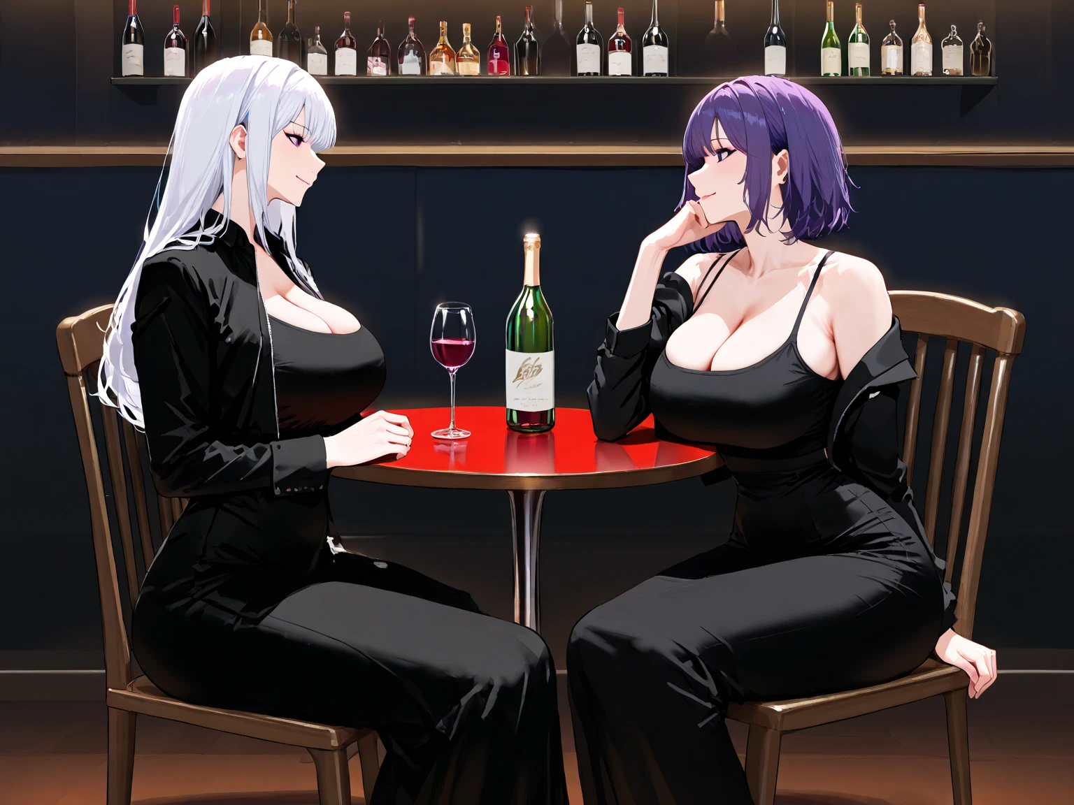 Anime scene of a woman sitting on a chair next to a statue., นั่งอยู่At the bar, giant art, dignified posture, Digital art of elegance, Realistic art style, high-heels. Anime style at pixiv, fully dressed. Sexy paintings, Commission for high resolution, City Girl Girlfriend Art, sitting At the bar, glossy digital painting, At the bar