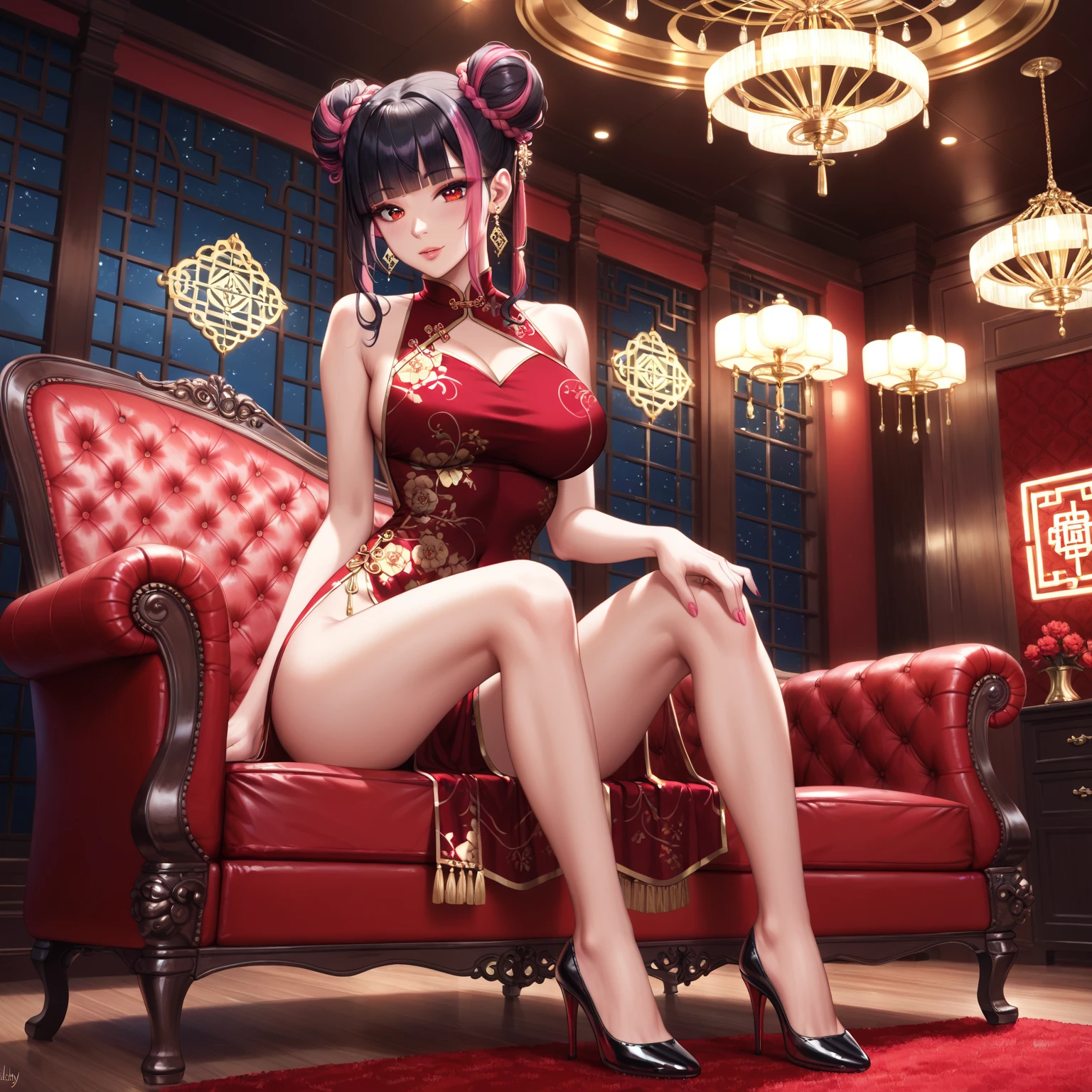 (((8K, masterpiece, best quality, ultra detailed, photorealistic))), (RAW photo, HDR, lens flare, particles), chinese gorgeous royal style, A cute chinese princess on a throne in a palace, (composition close to her), (perfect anatomy), spread legs, lift up skirt, show off panty, ((detailed short cheongsam, detailed face, detailed smooth skin legs, detailed red eyes, detailed straight black hair)), large breasts, many large presence accessaries, stiletto heel, tiara, hair ornaments, earrings, bracelets, anklets, trinkets, smoky makeup, eyeshadow, heavy makeup,