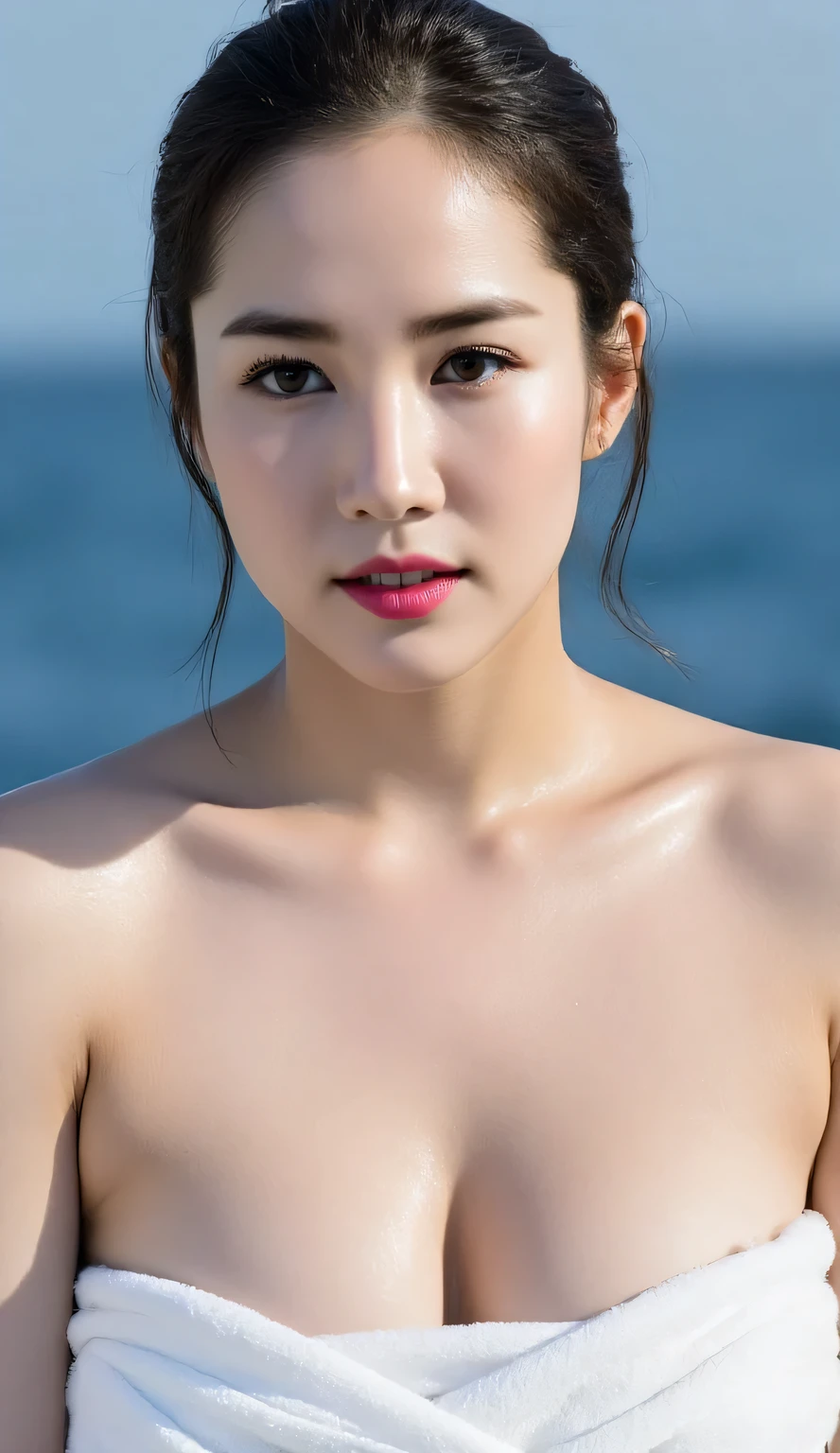((Highest quality、In 8K、masterpiece:1.3、Raw photo))、Sharp focus:1.2、(One woman:1.1)、18-year-old,(Realistic、Photorealistic:1.37)、Small head、Mid-breasted、standing、Sexy pose、Thong、Esbian all over、Beach、sunlight、Light、smile、Show some teeth、Nipples、topless,ponytail