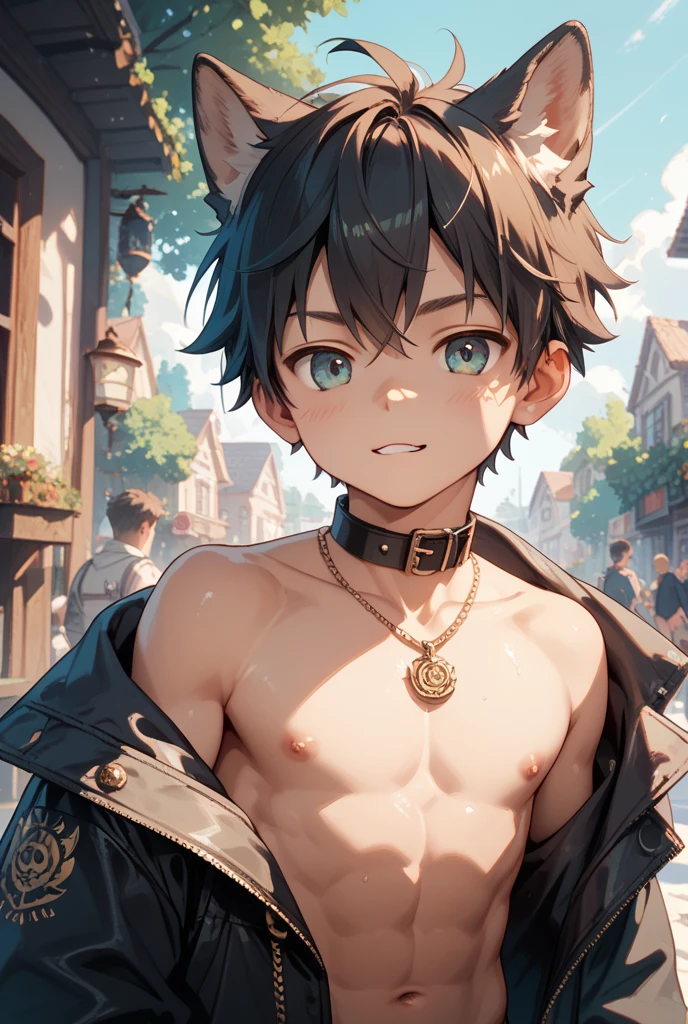 tribal,(((little boy,boy,,kidly,child,1boy,male gender))),(((()))),
child's chest,(((black hair,spiked hair,colored inner hair))),((orange_eyes:1.3))),intricate eyes,beautiful detailed eyes,symmetrical eyes,big eyes:1.5,(((black skin,dark skin,lustrous skin:1.5,tanned skin,bright skin: 1.5,skin tanned,shiny skin,very shiny skin,shiny body))),(((kid boa little chubby,good anatomy,accurate body proportions,detailed shota body for young boy,))),(((detailed face and eyes))),
(nsfw),
(((spiked dog collar,spiked collar,slave,slave collar,Long chain leash connected to her collar,shackles,loincloth,bulge in loincloth))),((((bare chest,naked torso)))),Iridescent Rainbow Reflective Fabric, Iridescent, multi-color reflective effect , striking multi-color reflective effect, reflective fabric, rainbow reflective loincloth, (((iridescent vibrant colored glowing loincloth))),(barefoot),(((slave collar,Long chain leash connected to her collar,shackles,chains:1.1))),micro clothes,almost totally naked,with little clothing,((tiny loincloth)),((tattoos and markings:1.5)),(iridescent loincloth:1.5),(rainbow loincloth:1.2),(((slave,slave collar,Long chain leash connected to her collar,shackles,loincloth,bulge in loincloth))),(wet clothing),
dynamic pose,looking at viewer,(angry),centered,scale to fit dimensions,Rule of thirds,
outdoors, ocean, (ocean in the background), scenery, extremely scenery, (puddles everywhere, moss, moss on the bottom), clouds, water lilies, palm trees, reeds, (sunset, golden hour),(egyptian palace background,pyramids in the background),
(Glossy Egyptian ornaments),highres,sharp focus,(ultra detailed,extremely detailed),(photorealistic artwork:1.37),(extremely detailed CG unity 8k wallpaper),(((vibrant colors,vibrant theme))),(intricate),(masterpiece),(best quality),artistic photography,(photography taken by sldr),(intricate background),perfect rendered face,perfect face details,realistic face,photo realistic,((intricate detai
