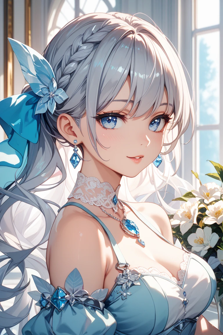 Short Hair、Silver Hair、ponytail,Wolf ears,Wolf Tail,Detailed sparkly eyes、Blue Eyes,Straight face、Embarrassing、shine、reflected light、Film Grain、masterpiece、Textured Skin、Super Detail、High Detail、high quality、最high quality、High Resolution、16k、shine,Large Breasts,Wedding dress,hydrangea,whole body,Veil
