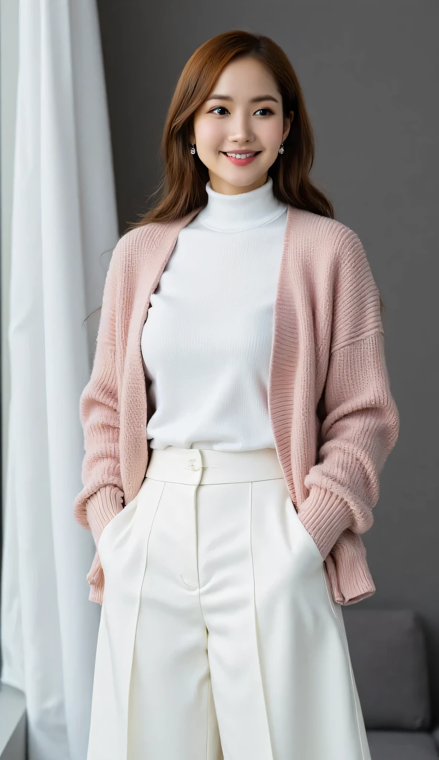  an office lady, standing by the window, using a pink knit jacket with a long sleeve t-shirt with a white turtle neck model, Use a long oversize skirt to the toe maxi model of white color,  big , beautiful smile 