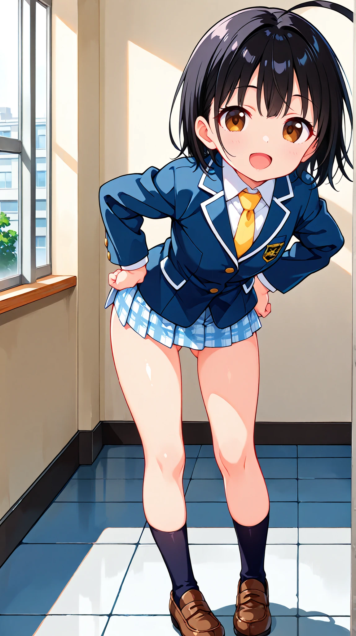nsfw,((anime style)),score_9, score_8_up, score_7_up,masterpiece, best quality,ultra detail,,huge ahoge, negishi masako , 1girl , ((((((solo)))))),short hair,black hair ,long bangs,brown eyes,round eyes,(Flat Chest),school uniform,(((blue blazer))),light blue checkered Pleated mini skirt,(((((mini skirt))))), Yellow necktie,((necktie in the blazer)),(((knee))),(brown loafers),((black short sox)),((ass visible through thighs)),(((contrapposto))),(A glimpse of her thin thighs) ,((Mischievous open mouth smile)),((cute face)),((((((leaning forward)))))), (hands on hips),((front shot)),